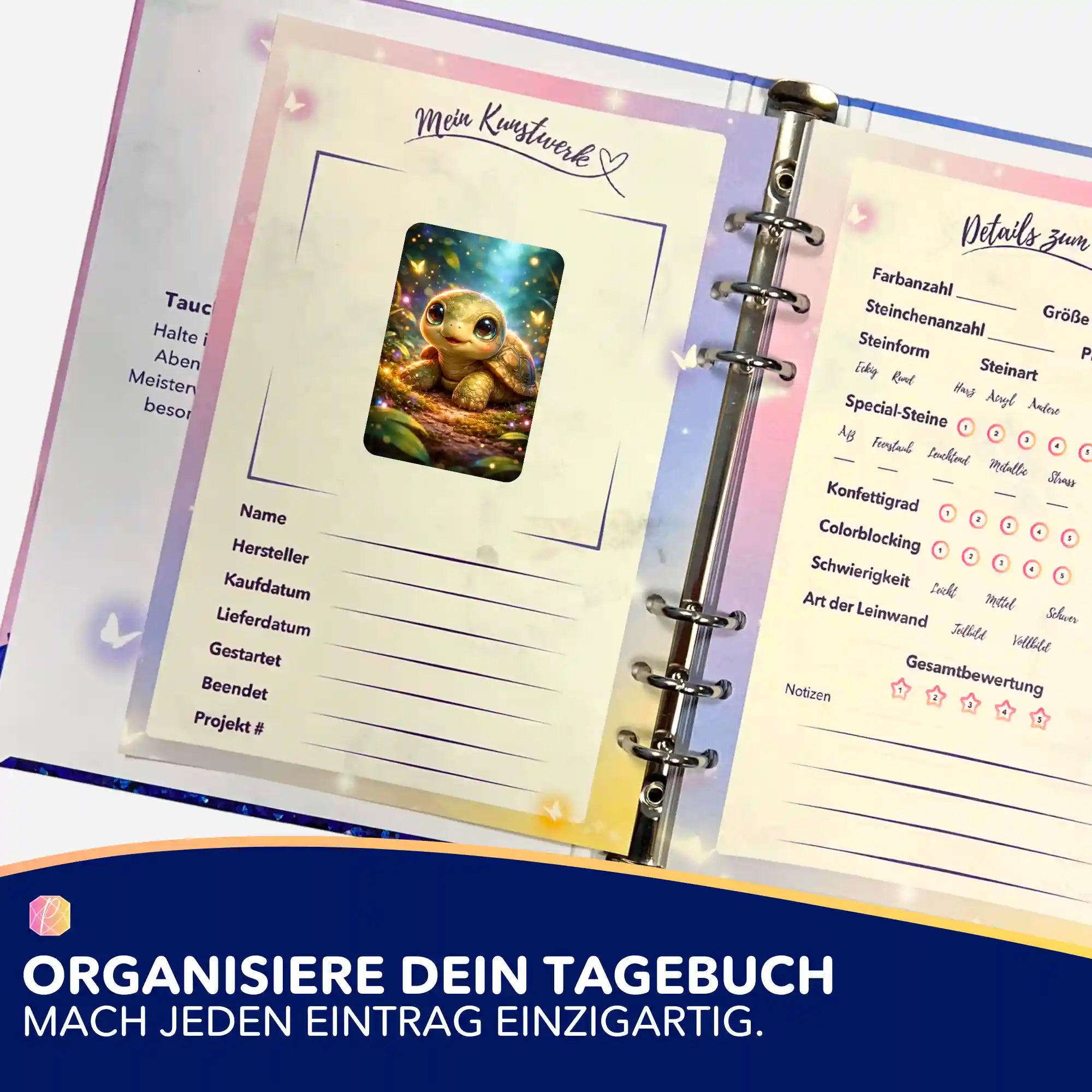 Schildkröten Sticker für dein Diamond Painting Tagebuch zur Organisation von Malen nach Zahlen und Diamanten Projekten