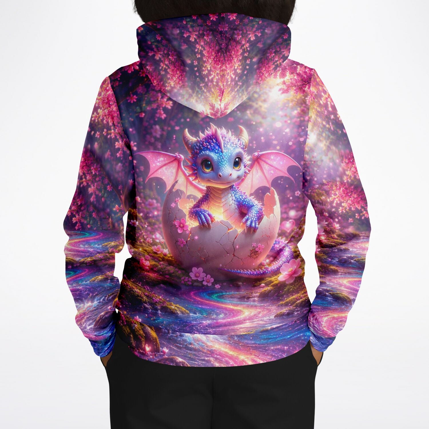 Hoodie mit buntem Drachen-Motiv in magischem Wald, passend zu Diamond Painting und Malen nach Zahlen Designs