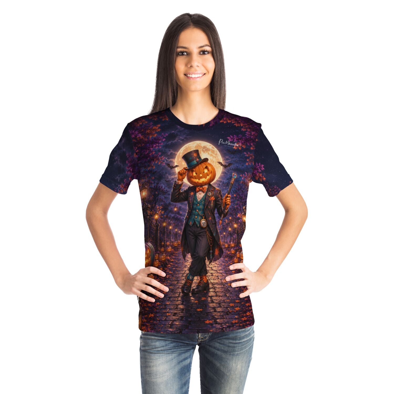 Frau trägt Dreamer T-Shirt mit herbstlichem Kürbis-Gentleman Motiv, inspiriert von Diamond Painting Kunstwerken.