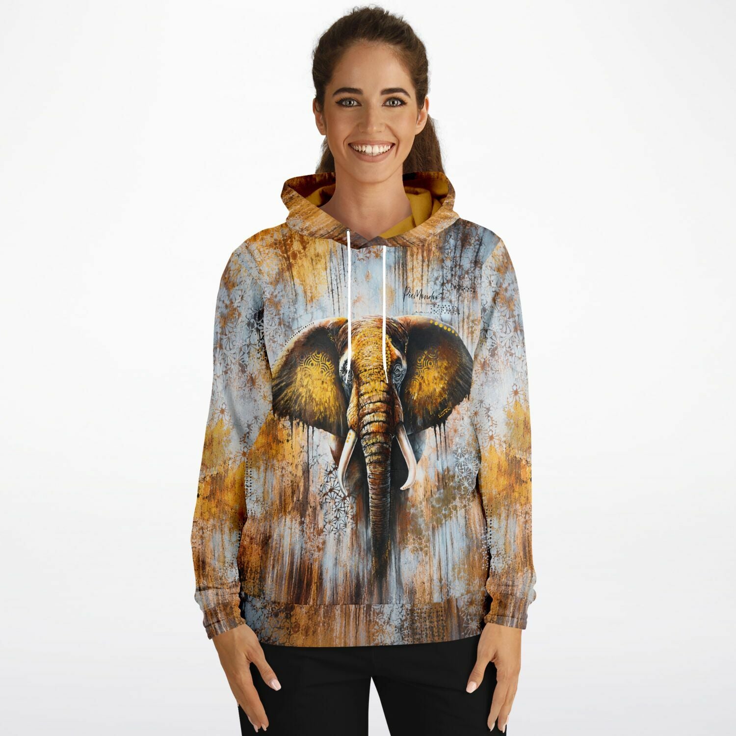 Dreamer Hoodie von Picmondoo mit künstlerischem Elefanten-Motiv in Gold- und Blautönen für Fans von Diamond Painting