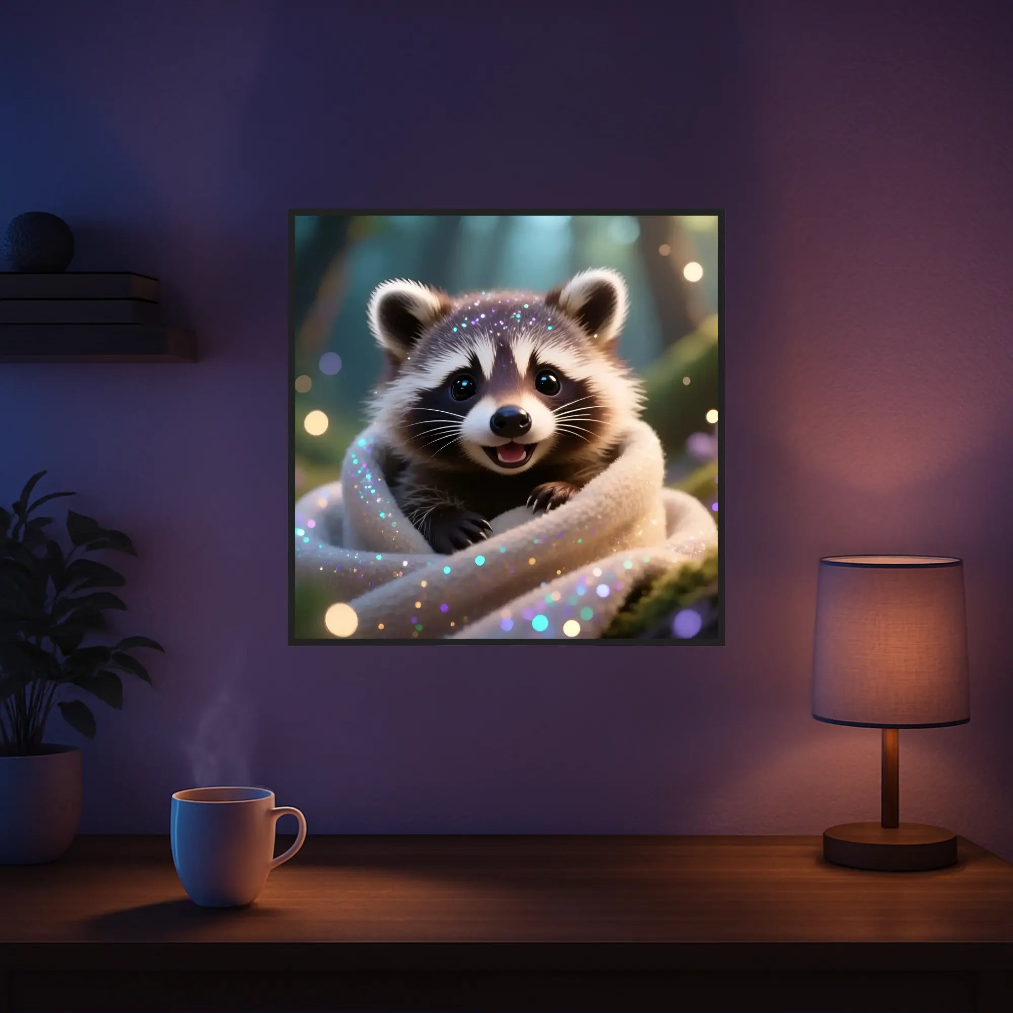 Diamond Painting Set eines niedlichen Waschbären in ein Tuch gewickelt mit glitzernden Details als Wanddekoration