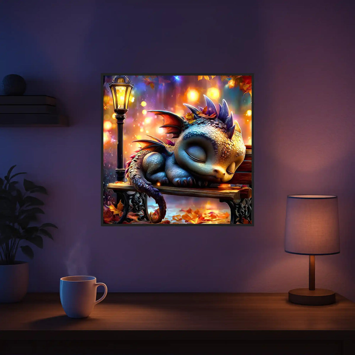 Diamond Painting Set eines schlafenden Drachenbabys auf einer Bank bei Laternenlicht und Herbstlaub im Fantasy-Stil