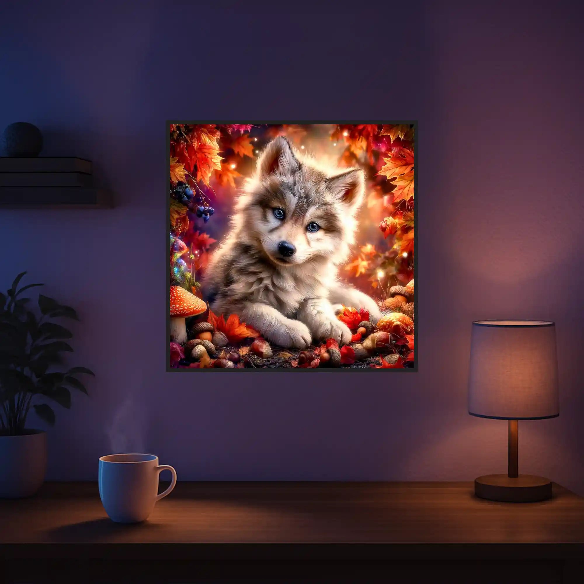 Diamond Painting Set Akiro: Niedlicher Babywolf im herbstlichen Märchenwald mit bunten Laubblättern und Pilzen