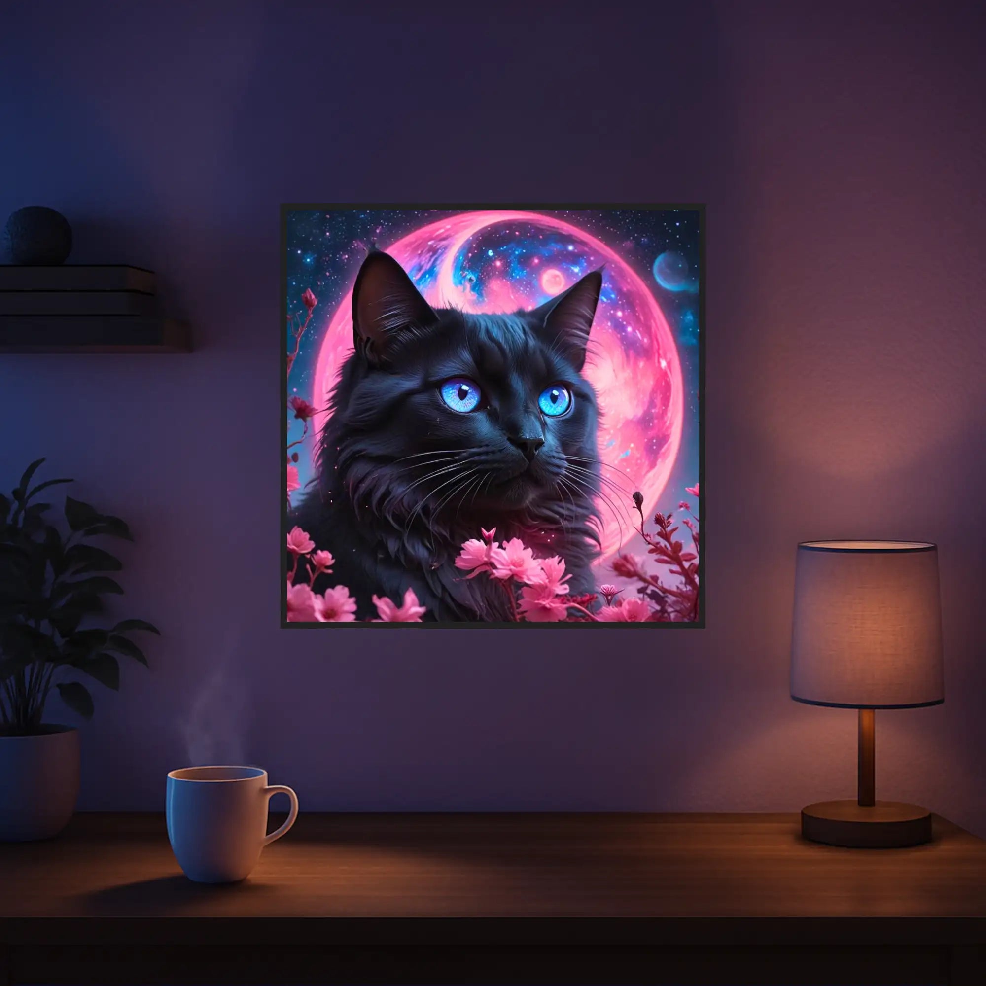 Diamond Painting Set: Mystische schwarze Katze mit leuchtend blauen Augen vor pinkem Vollmond und zarten Blütenzweigen