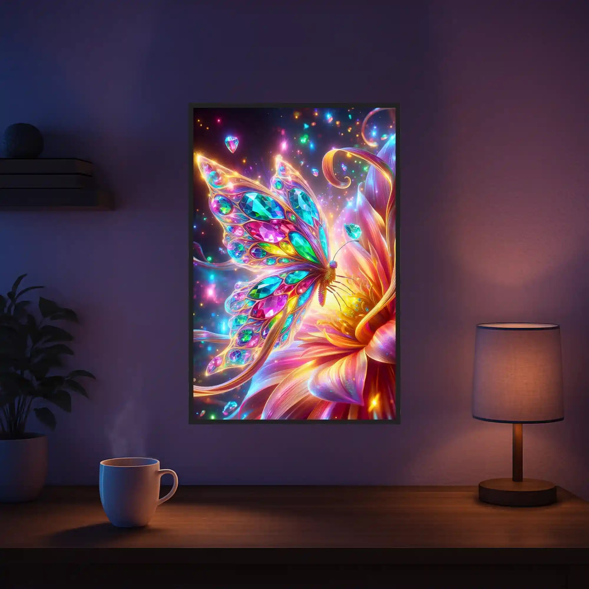 Diamond Painting Set Schmetterling mit bunten Kristallflügeln auf einer leuchtenden Fantasieblume im Galaxie-Design