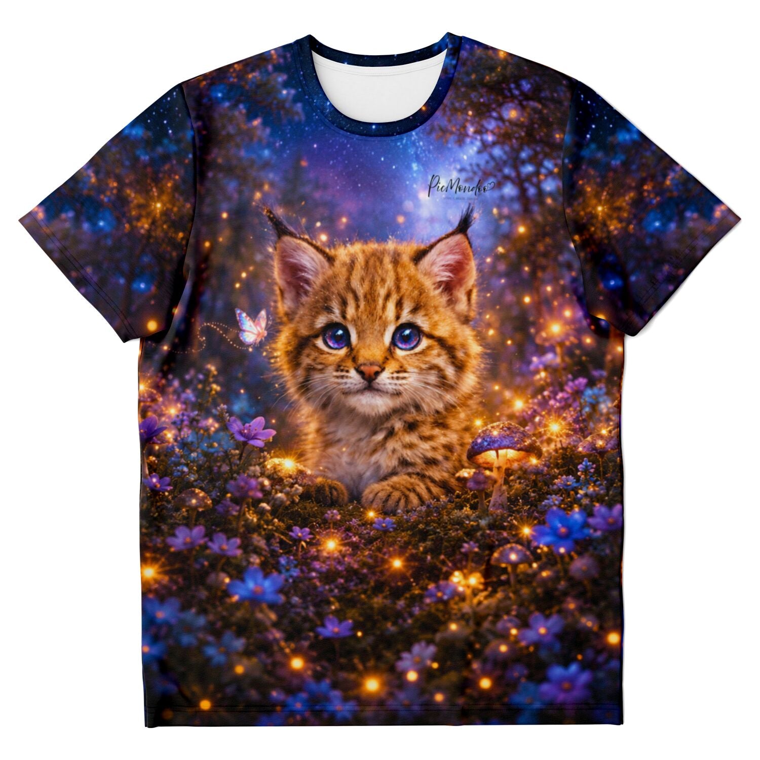 T-Shirt mit Luchs-Baby Motiv im magischen Wald, inspiriert von Diamond Painting Kunst und lebendigen Farben.