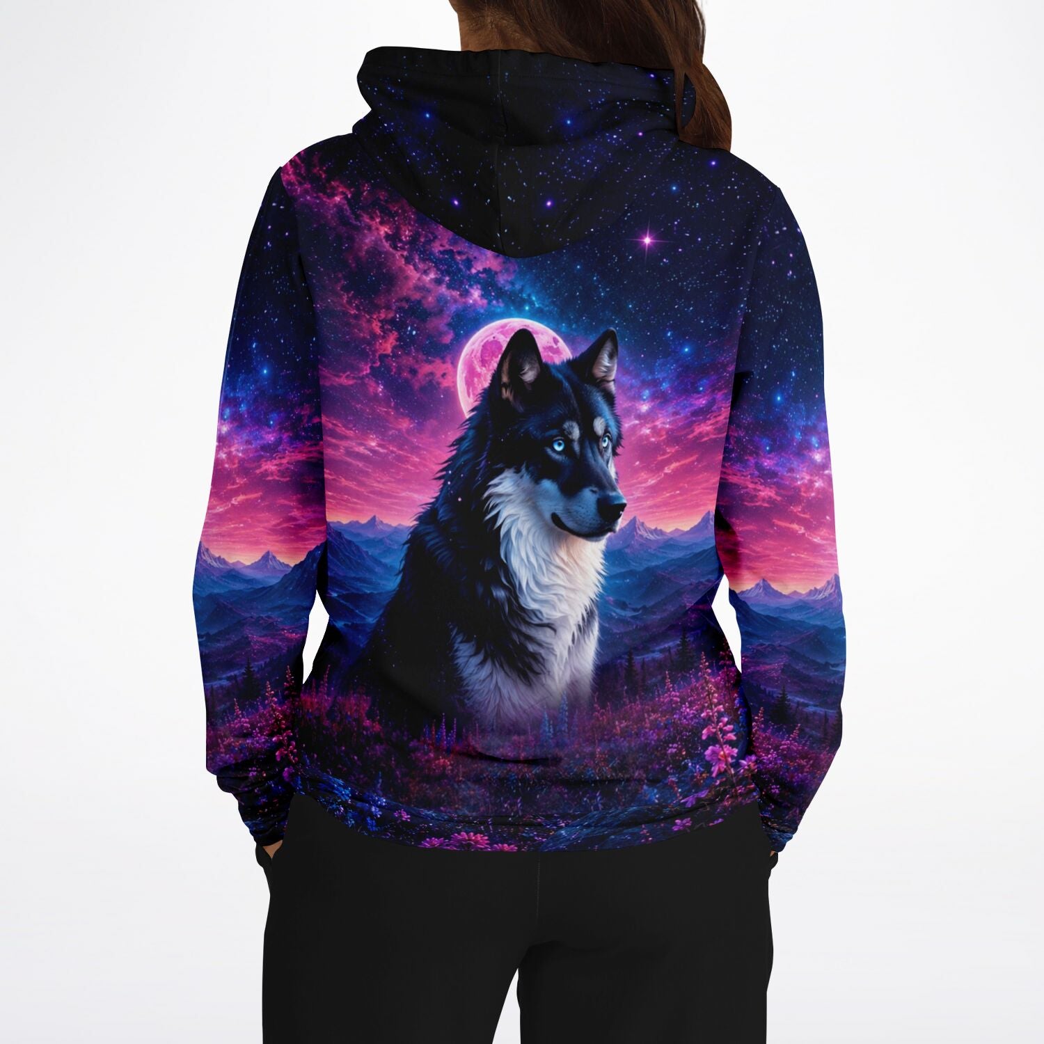 Dreamer Hoodie mit Wolf-Motiv unter einem pinken Erdbeermond, inspirierte Kunst wie bei Diamond Painting und Malen nach Zahlen