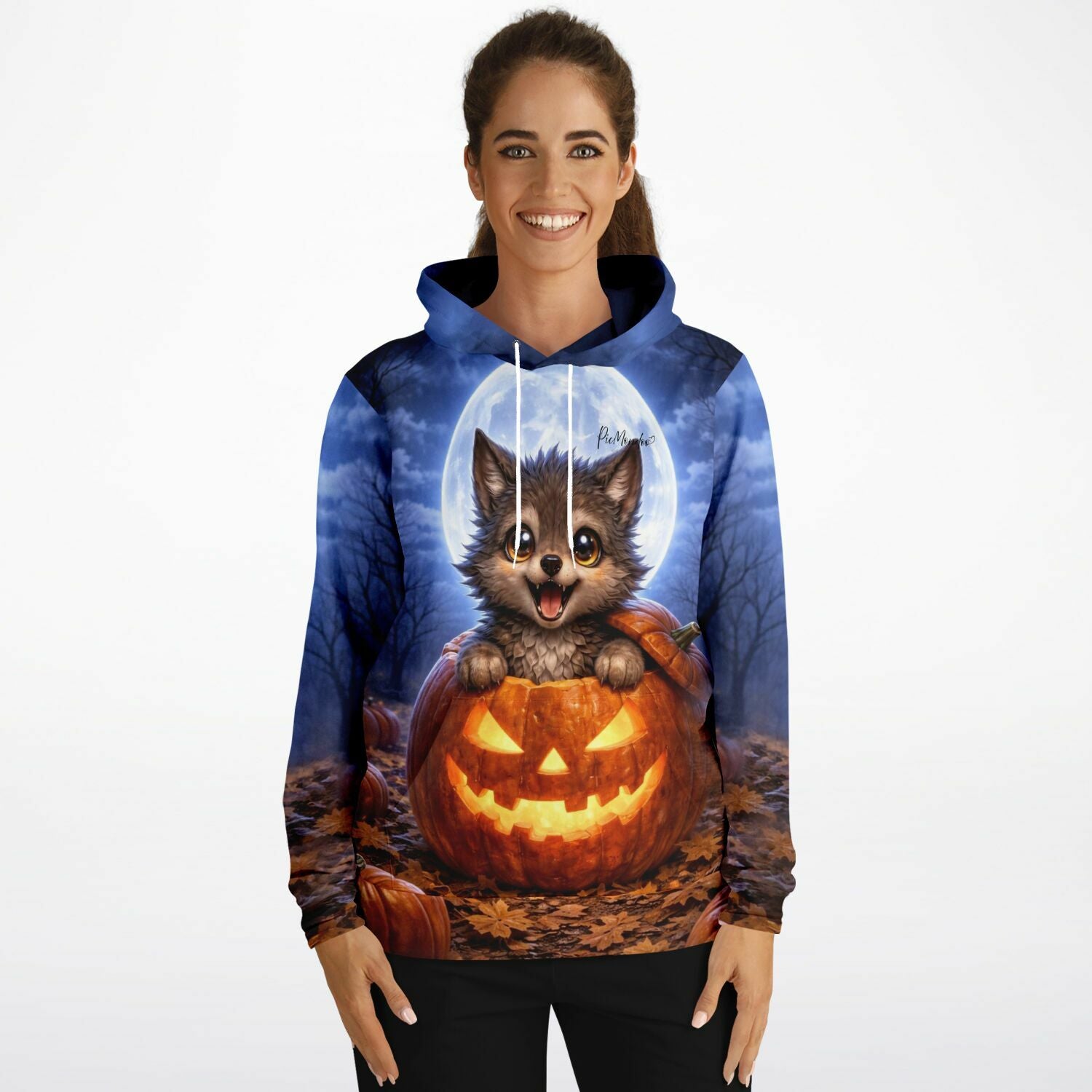 Frau trägt Dreamer Hoodie mit Wolf im Kürbis Motiv, inspiriert von Diamond Painting Kunstwerken für Erwachsene.