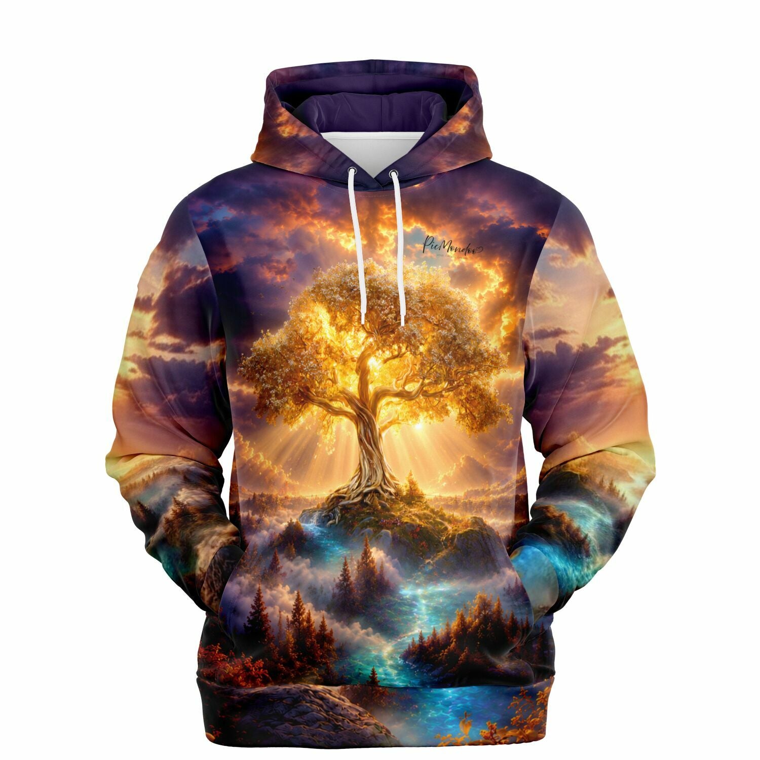 Dreamer Hoodie mit goldenem Weltenbaum Motiv, inspiriert von Diamond Painting Kunstwerken in leuchtenden Farben.