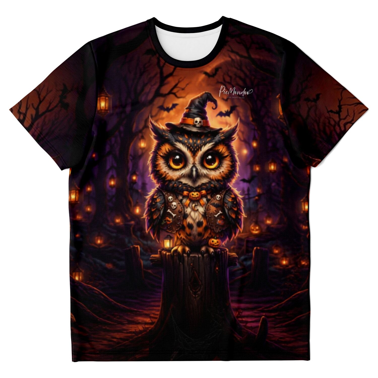 Schwarzes T-Shirt mit Eulen-Motiv im Halloween-Look, ideal für Fans von Diamond Painting und Malen nach Zahlen