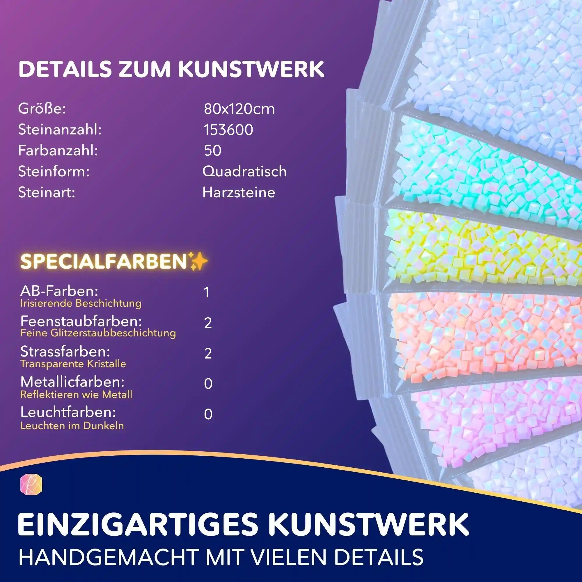 Produktdetails zum 80x120cm Diamond Painting XXL Set mit quadratischen Harzsteinen, AB-Farben und irisierenden Kristallen.
