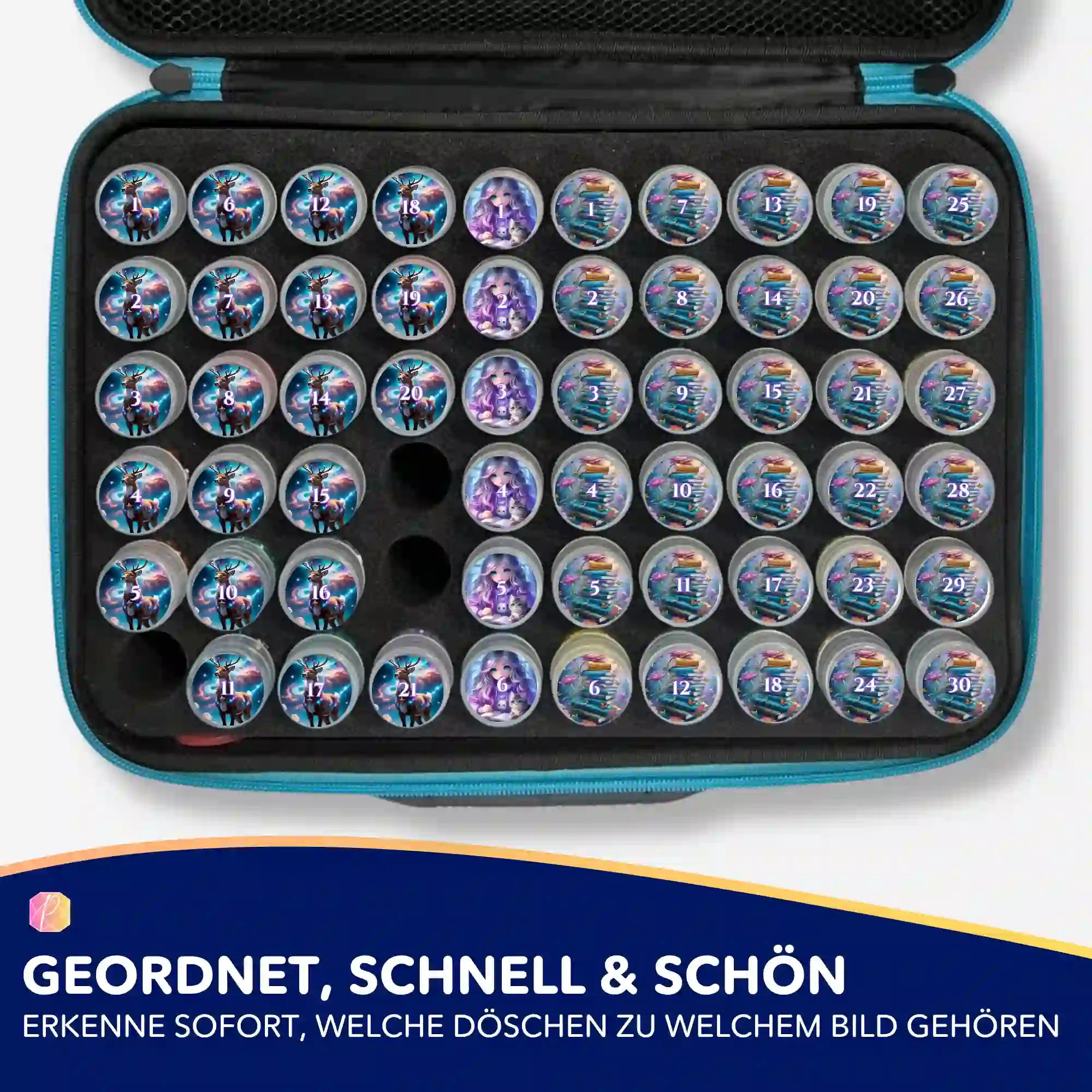 Diamond Painting Aufbewahrungsbox mit nummerierten Döschenaufklebern für eine organisierte Diamanten Painting Sortierung