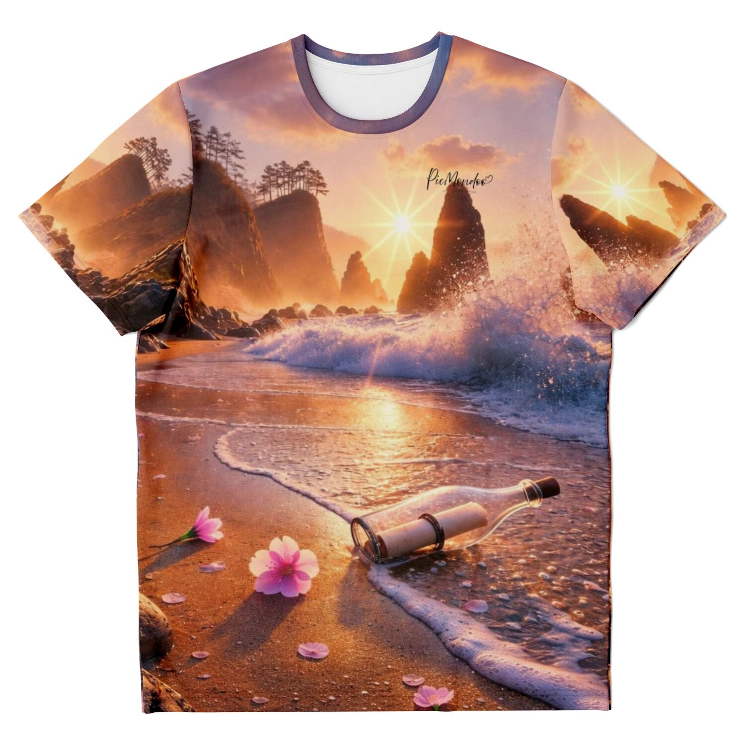 T-Shirt mit Motiv Flaschenpost am Strand bei Sonnenuntergang zum Diamond Painting und Malen nach Zahlen Stil