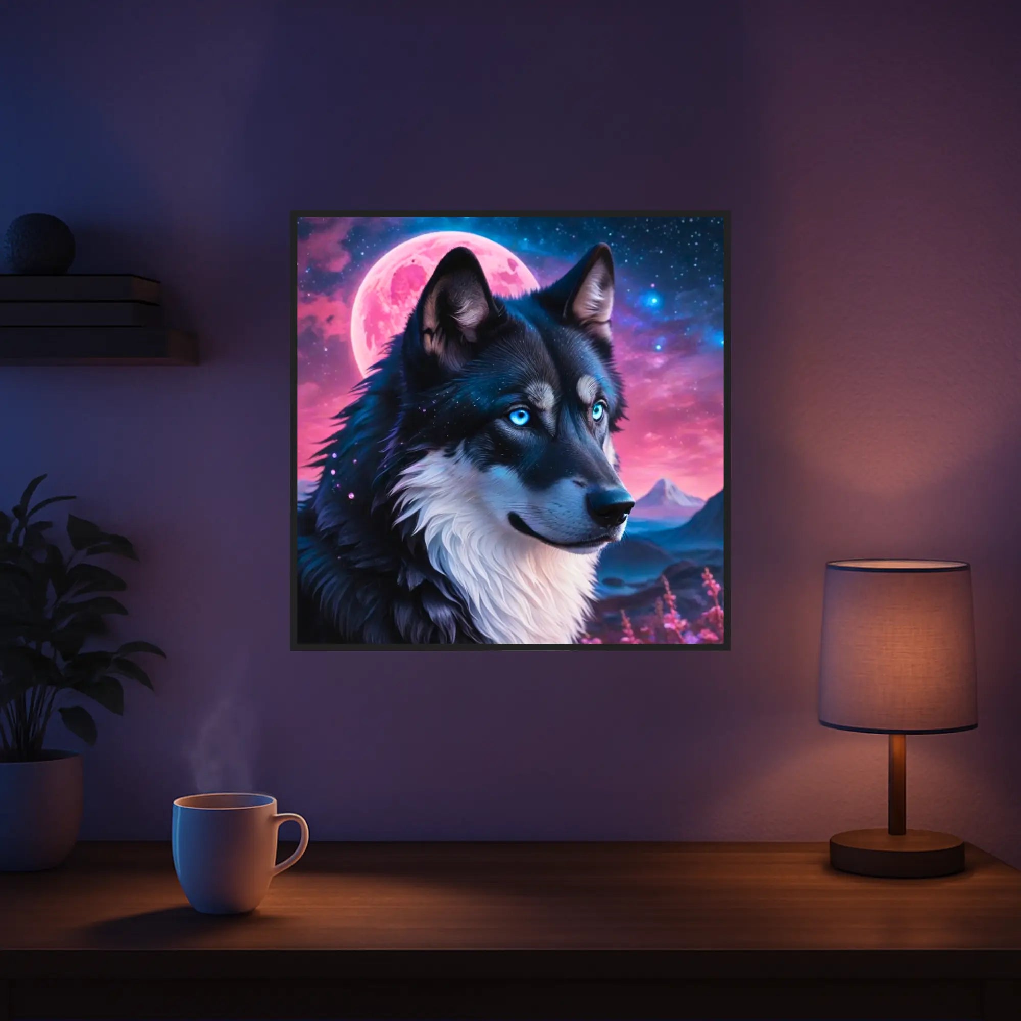 Diamond Painting Set Wolf Unter dem Erdbeermond mit magischen blauen Augen, Sternenhimmel und Fantasy-Landschaft.