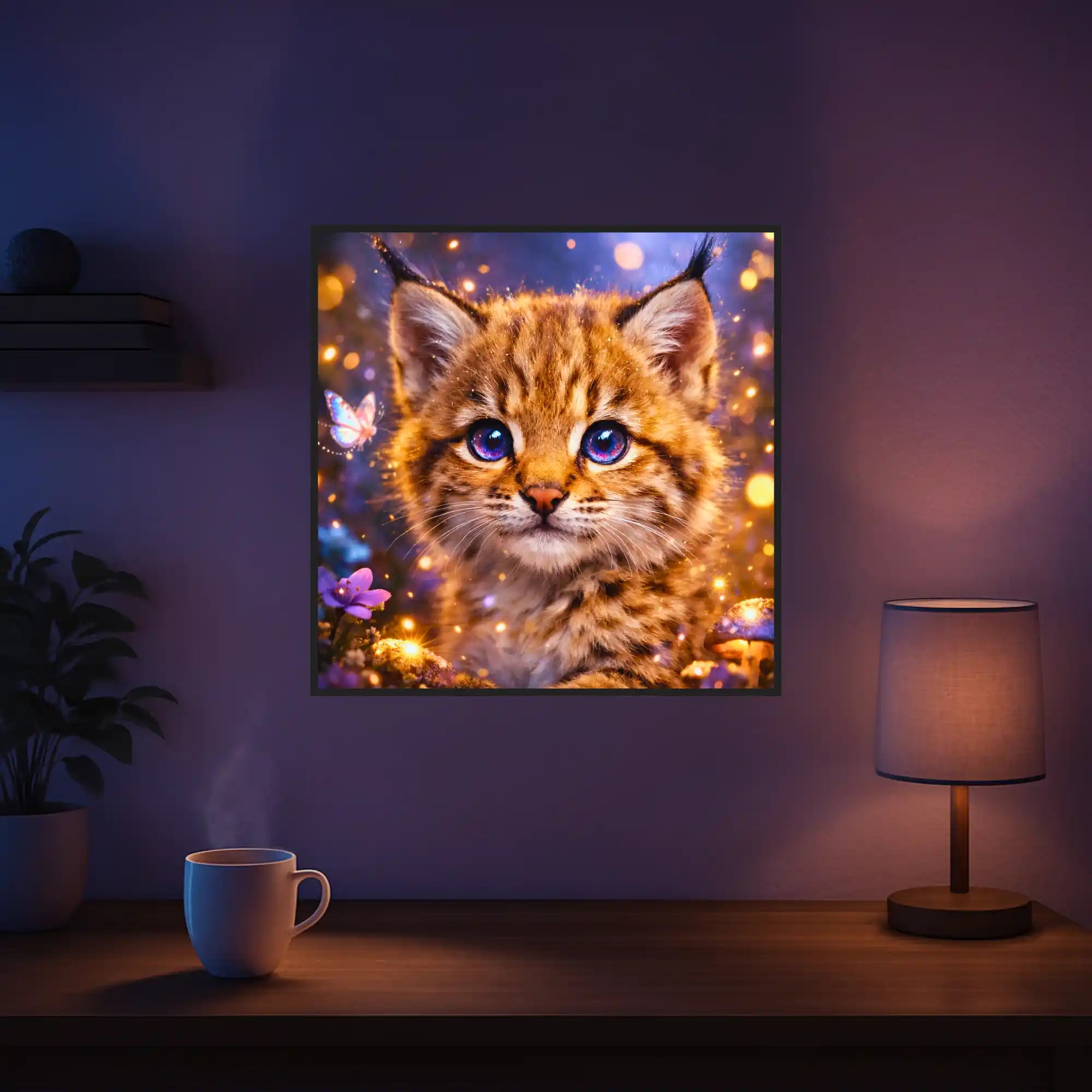 Diamond Painting Set eines süßen Luchsbabys im Zauberwald mit leuchtenden Schmetterlingen und magischem Lichteffekt.