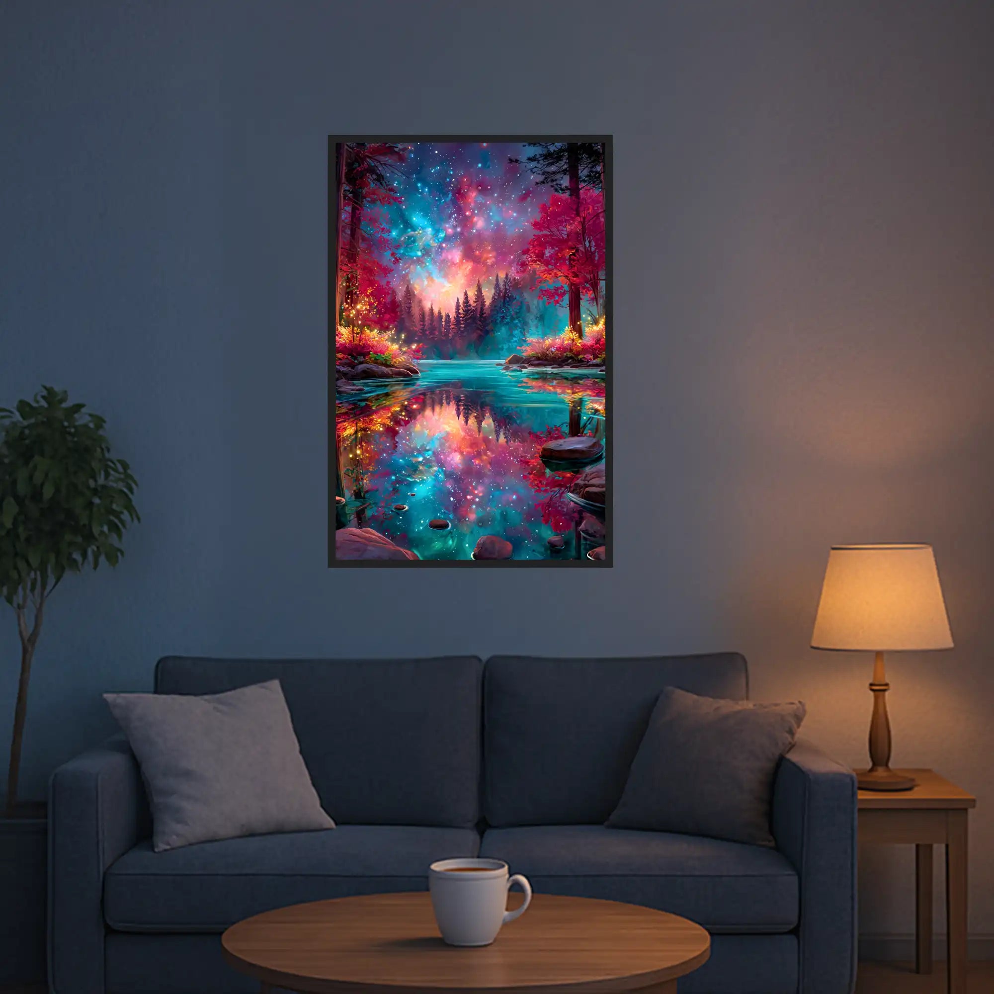 Diamond Painting Set eines magischen Waldsees mit leuchtenden roten Bäumen und kosmischem Sternenhimmel im Wohnzimmer