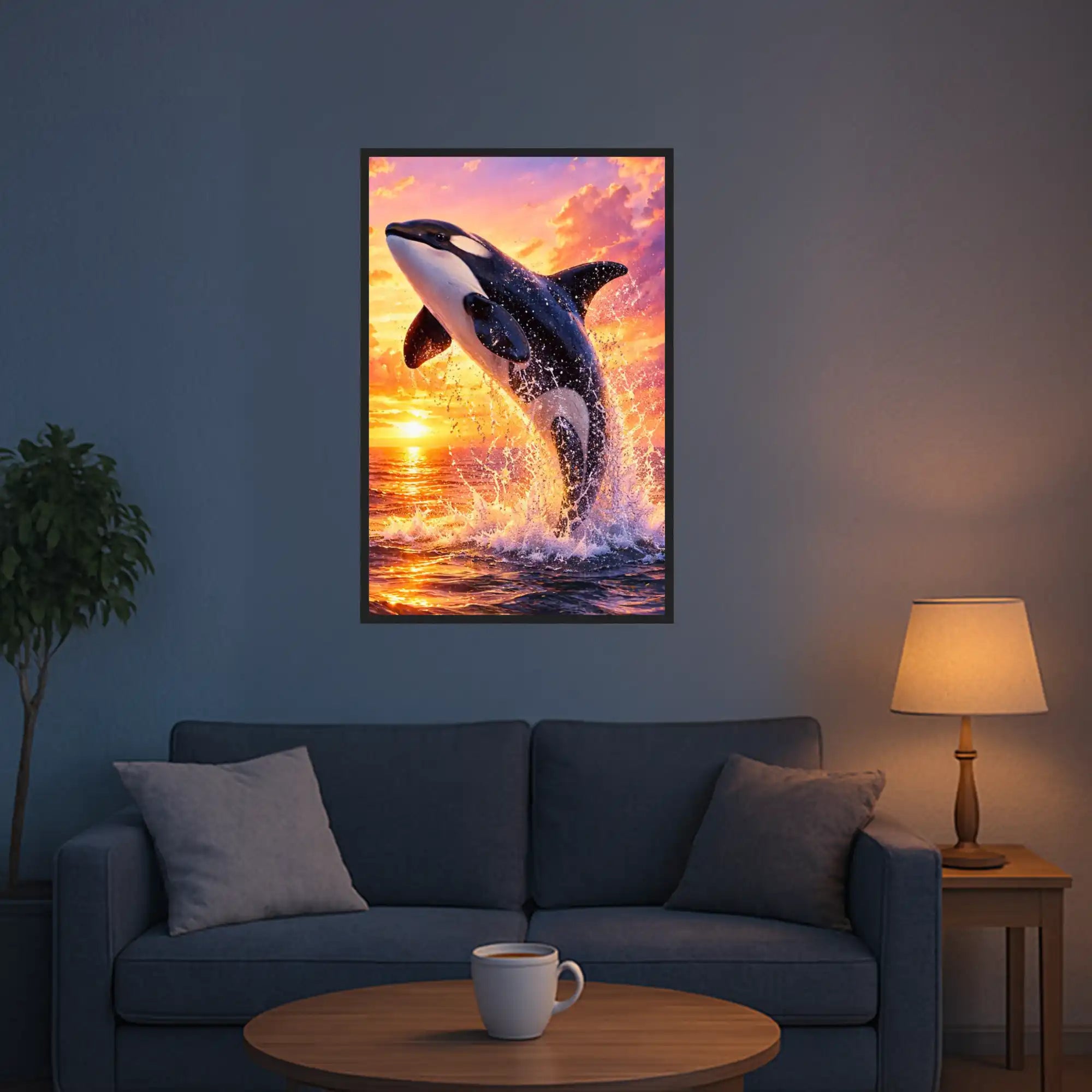 Diamond Painting Set mit springendem Orka bei Sonnenuntergang über dem Ozean in leuchtenden Orange- und Rosatönen.