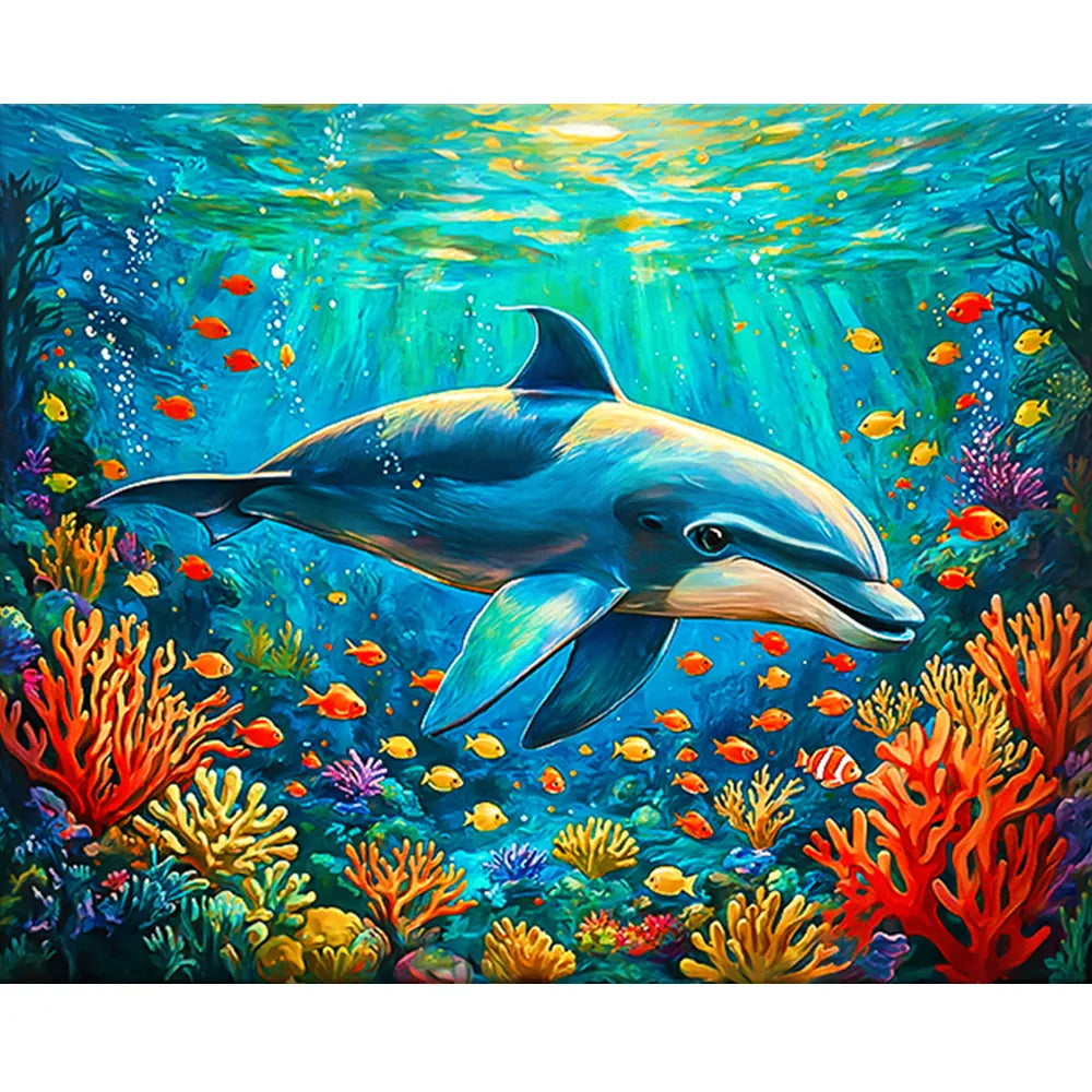 Malen nach Zahlen für Erwachsene: Delfin im türkisblauen Ozean mit bunten Korallen und Fischen für kreative Stunden.