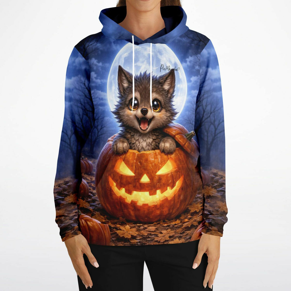 Dreamer Hoodie mit Mondwolf-Motiv im Kürbis vor Vollmond, passend zum Stil unserer Diamond Painting Fan-Art Kollektion.