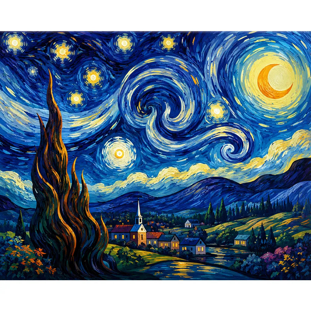 Malen nach Zahlen für Erwachsene: Sternennacht-Motiv mit Mond, Dorf und wirbelndem Himmel als DIY-Kunstwerk