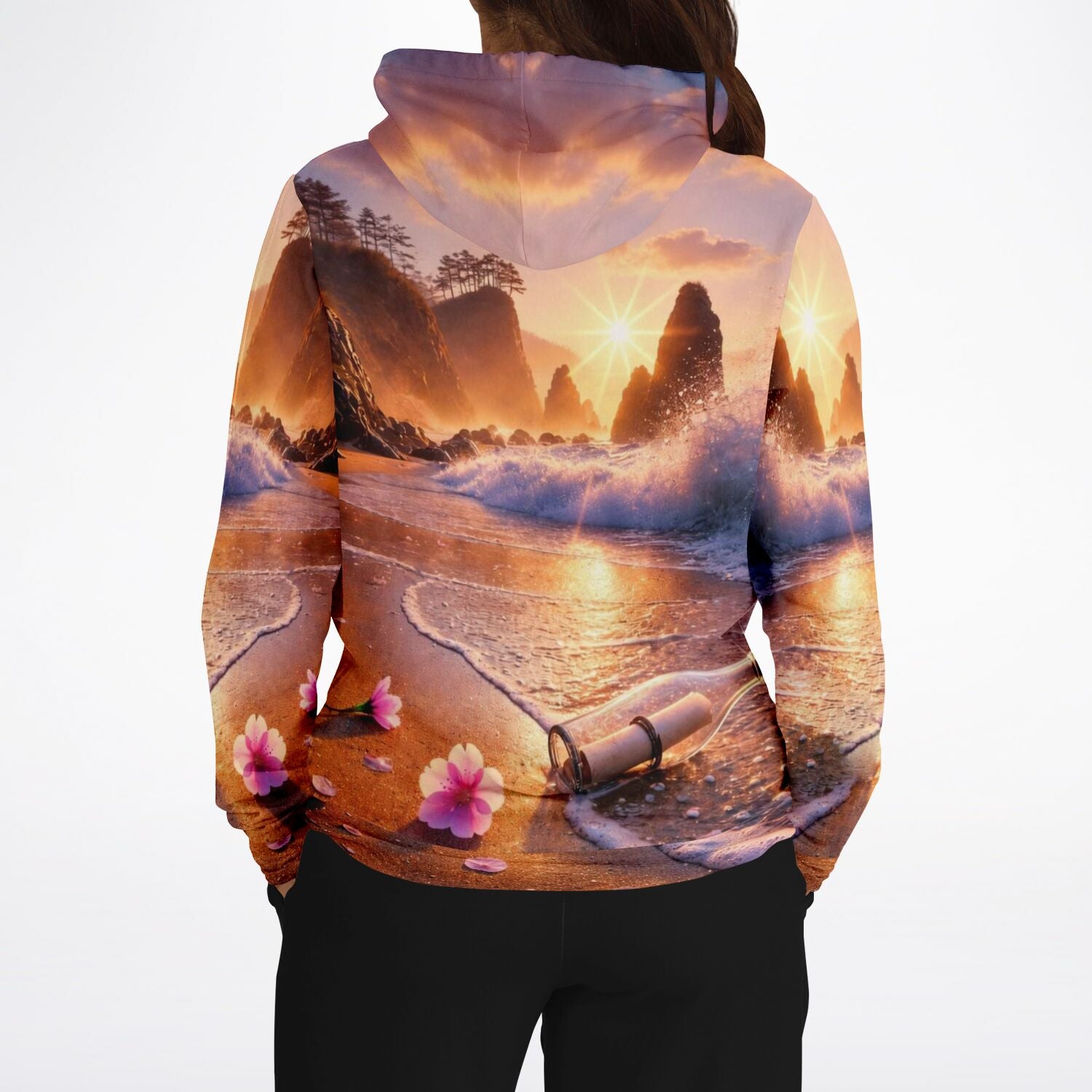 Dreamer Hoodie mit malerischem Strandmotiv, Flaschenpost und Sonnenuntergang im Stil unserer Diamond Painting Kunst