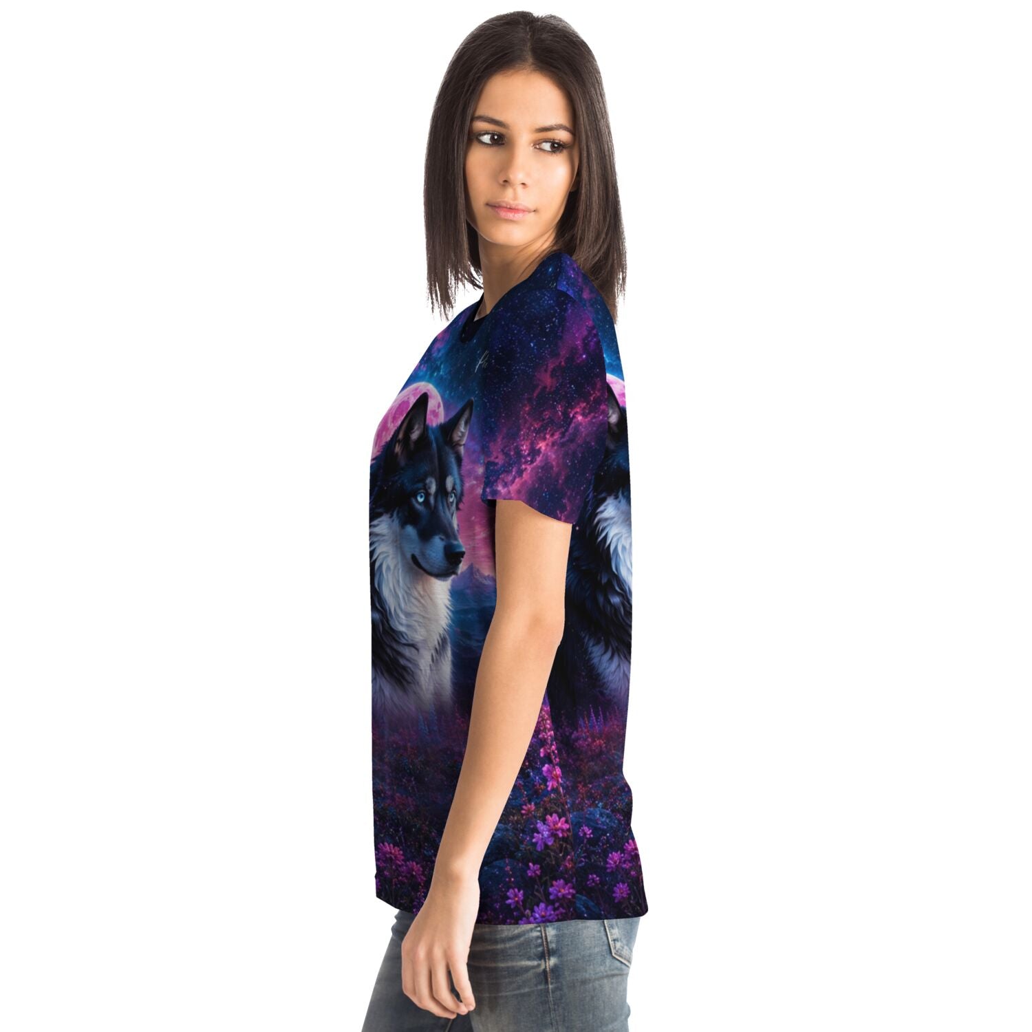 Dreamer T-Shirt mit Wolf-Motiv, Unter dem Erdbeermond Design im Stil von Malen nach Zahlen und Diamond Painting Kunst