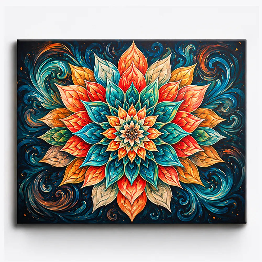 Malen nach Zahlen für Erwachsene: Mandala-Blütenmotiv in leuchtenden Farben auf Leinwand, Farben des Lichts DIY-Set
