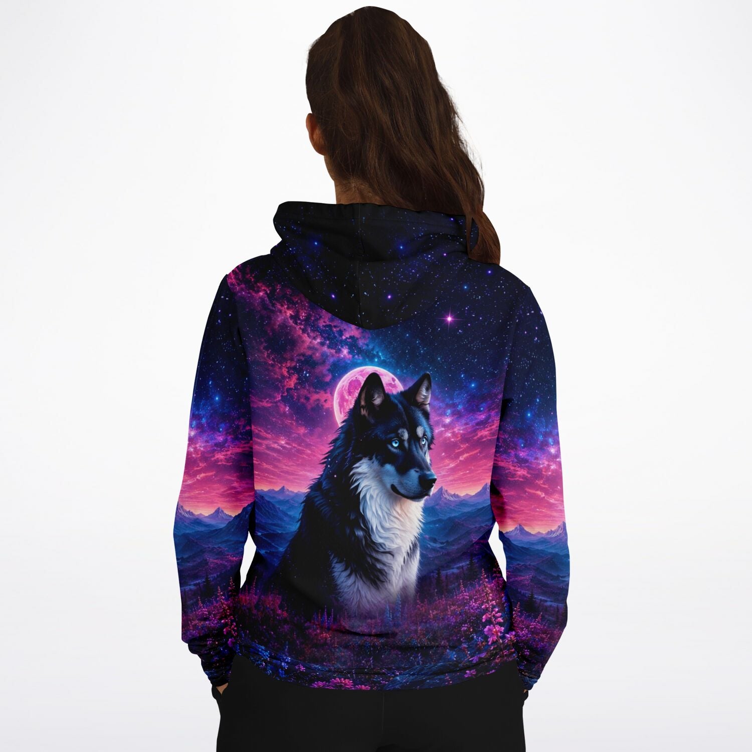 Dreamer Hoodie mit Wolf-Motiv, Sternenhimmel und Erdbeermond, passend zum Stil von Diamond Painting und Malen nach Zahlen