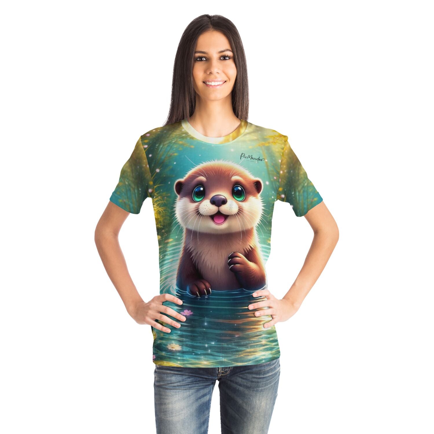 Frau trägt ein T-Shirt mit süßem Otter-Motiv von Picmondoo, ergänzend zu Diamond Painting und Malen nach Zahlen