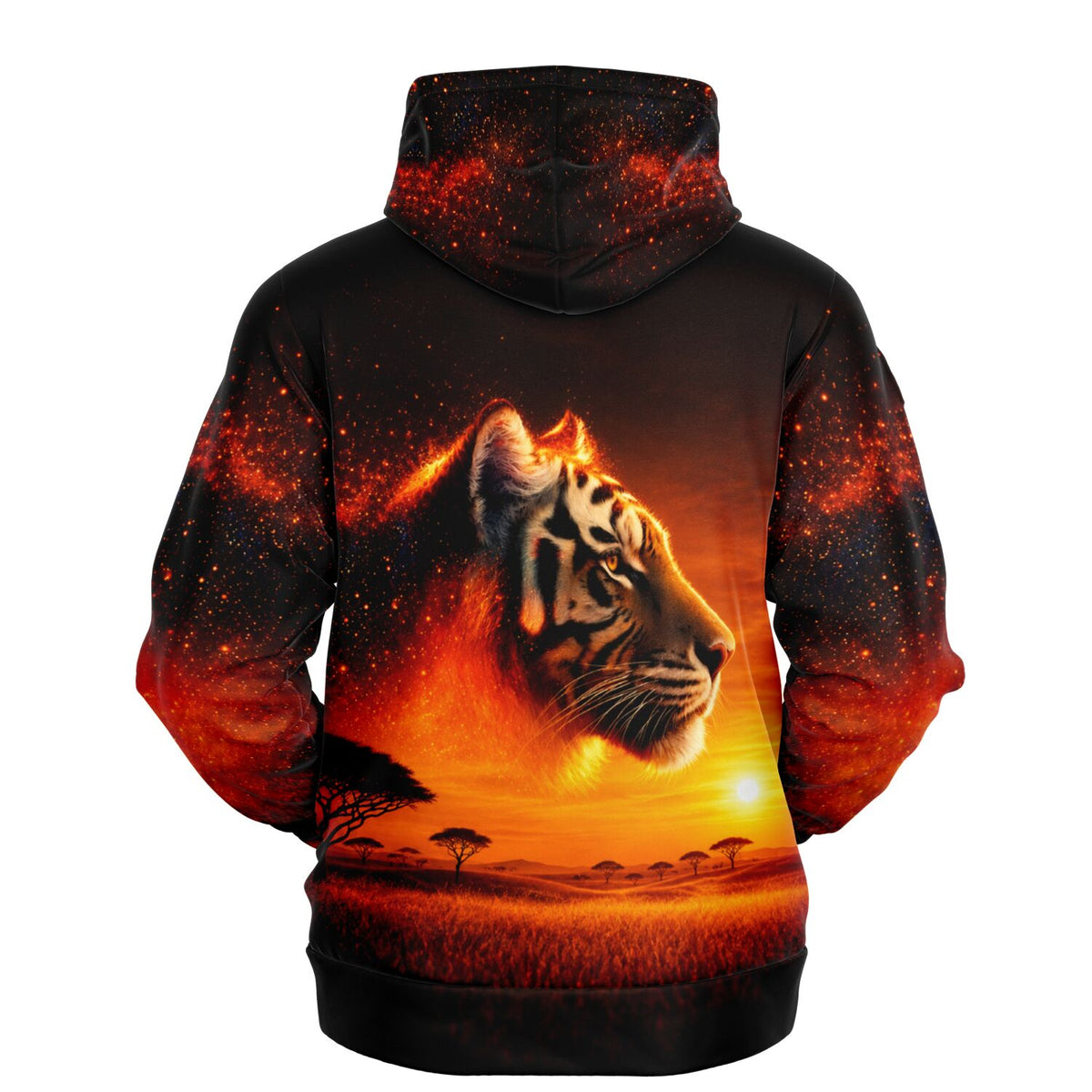 Dreamer Hoodie Feuerherz mit Tiger im Sonnenuntergang als Ganzkörperdruck für Fans von Diamond Painting und Kunst