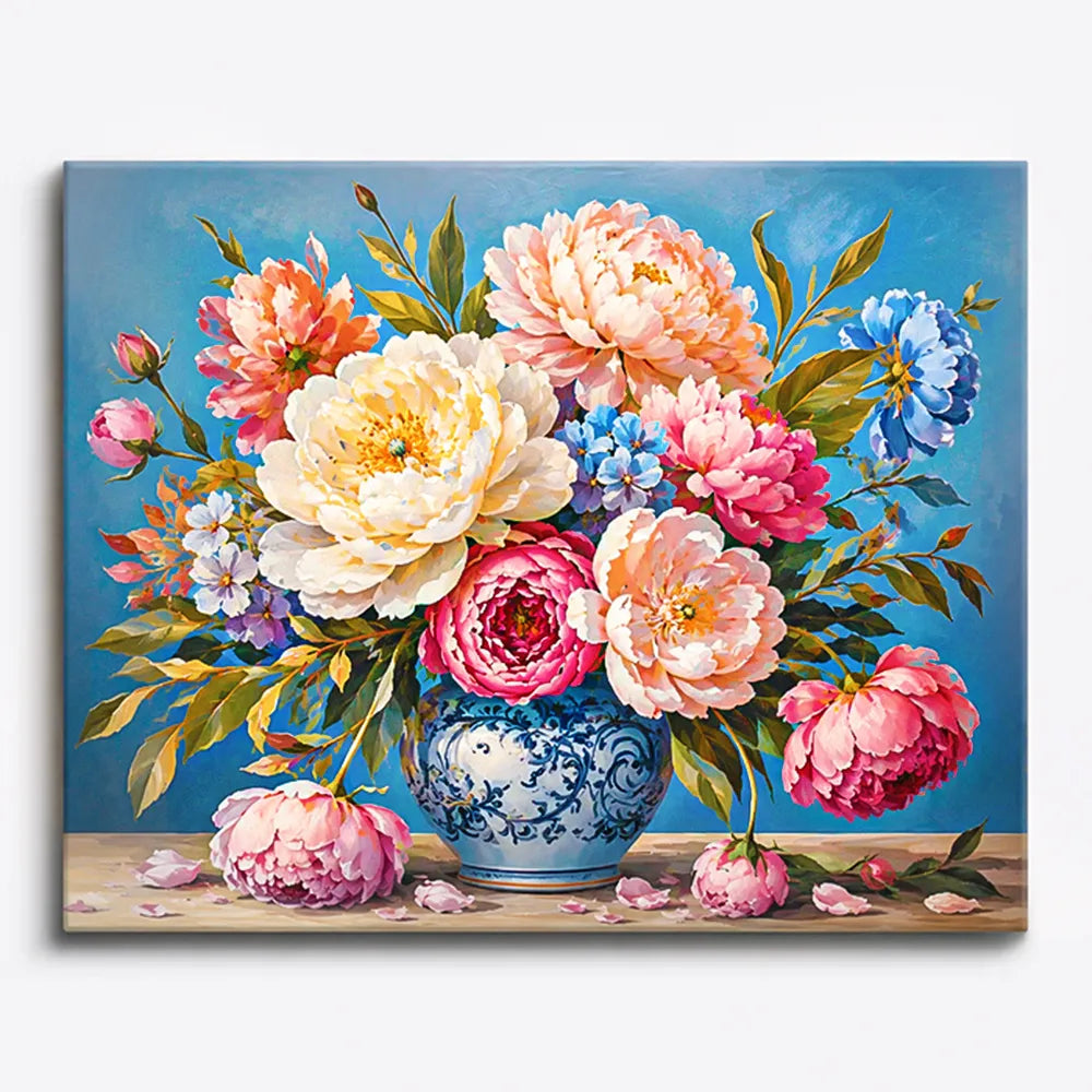 Malen nach Zahlen für Erwachsene Motiv Pfingstrosen in antiker Vase mit blauen Vergissmeinnicht als DIY-Set