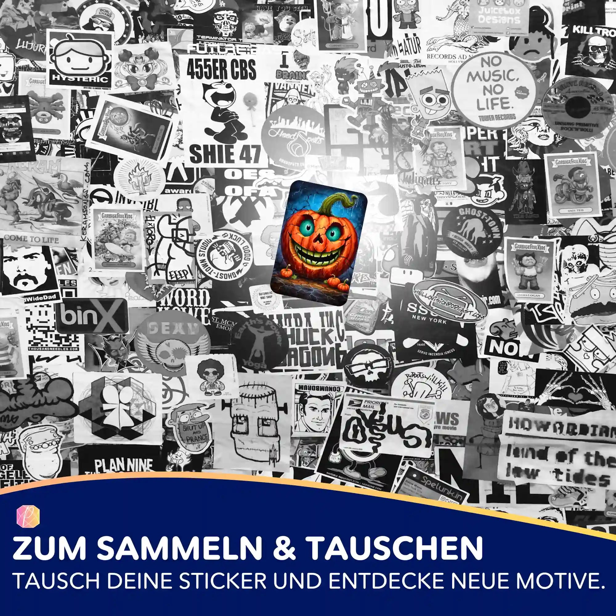 Picmondoo Sticker-Set Lächeln mit Nebenwirkungen: Bunter Kürbis-Aufkleber auf einer Collage aus schwarz-weißen Stickern.