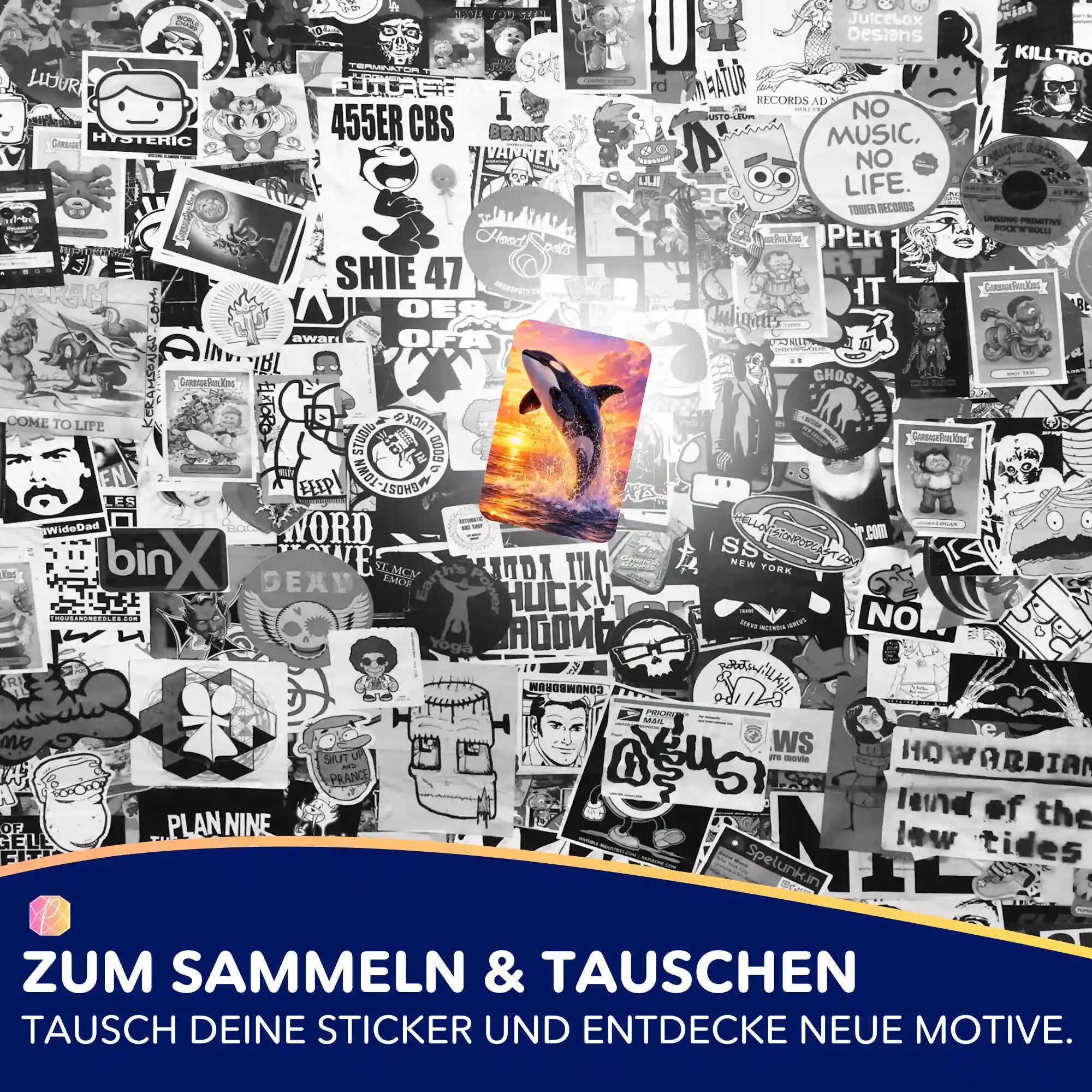 5er-Set Sticker für Diamond Painting Fans mit farbigem Orca-Motiv auf schwarz-weißem Hintergrund