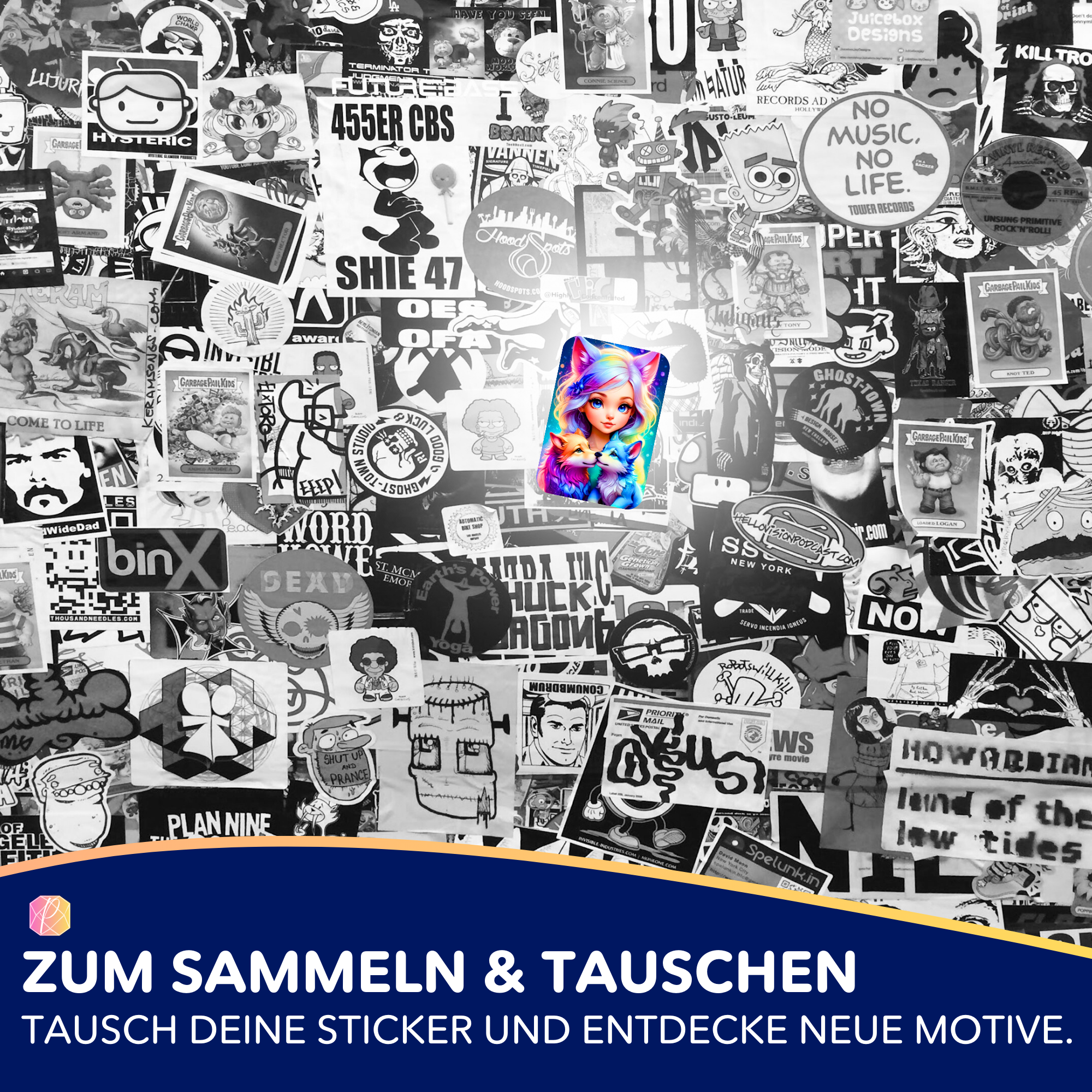 Farbenfroher Wolfmädchen Finja Aufkleber aus dem Picmondoo Diamond Painting Set vor schwarz-weißem Sticker-Hintergrund