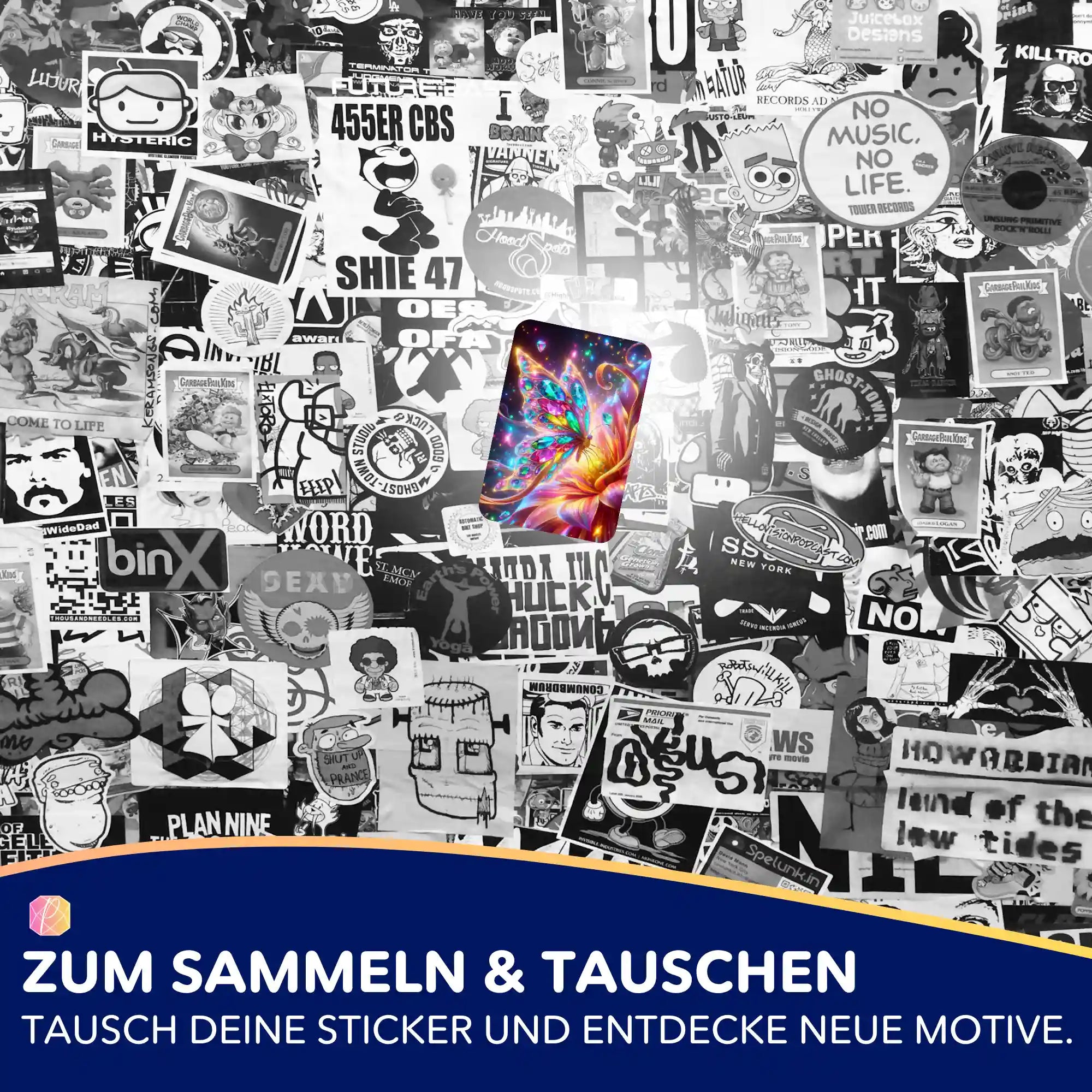 Bunter Schmetterlings-Sticker für Diamond Painting Organisation auf einer schwarz-weißen Sticker-Collage