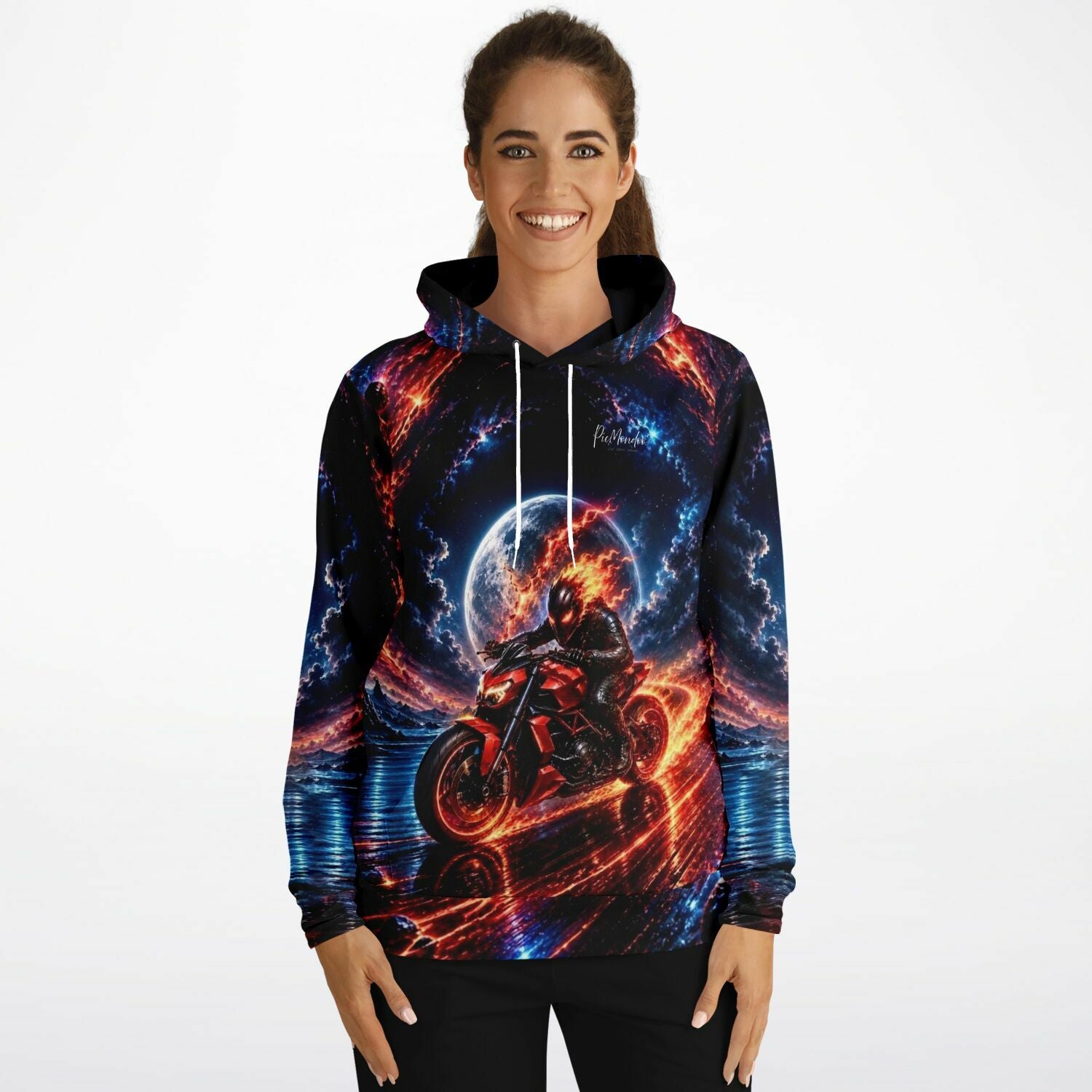 Dreamer Hoodie von Picmondoo mit Grenzgänger Motorrad Motiv, feurigem Design und Weltraum-Hintergrund für Fans von DIY