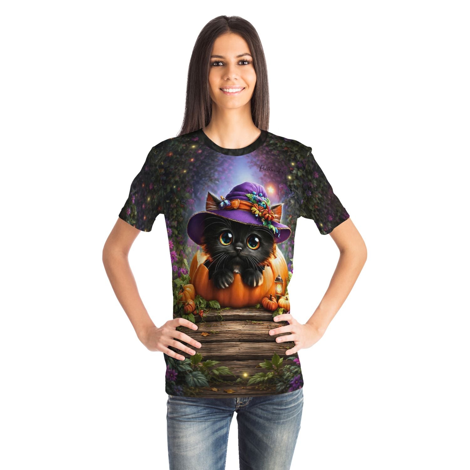 Frau im Dreamer T-Shirt mit herbstlichem Katzen-Motiv, inspiriert von Diamond Painting und Malen nach Zahlen Designs
