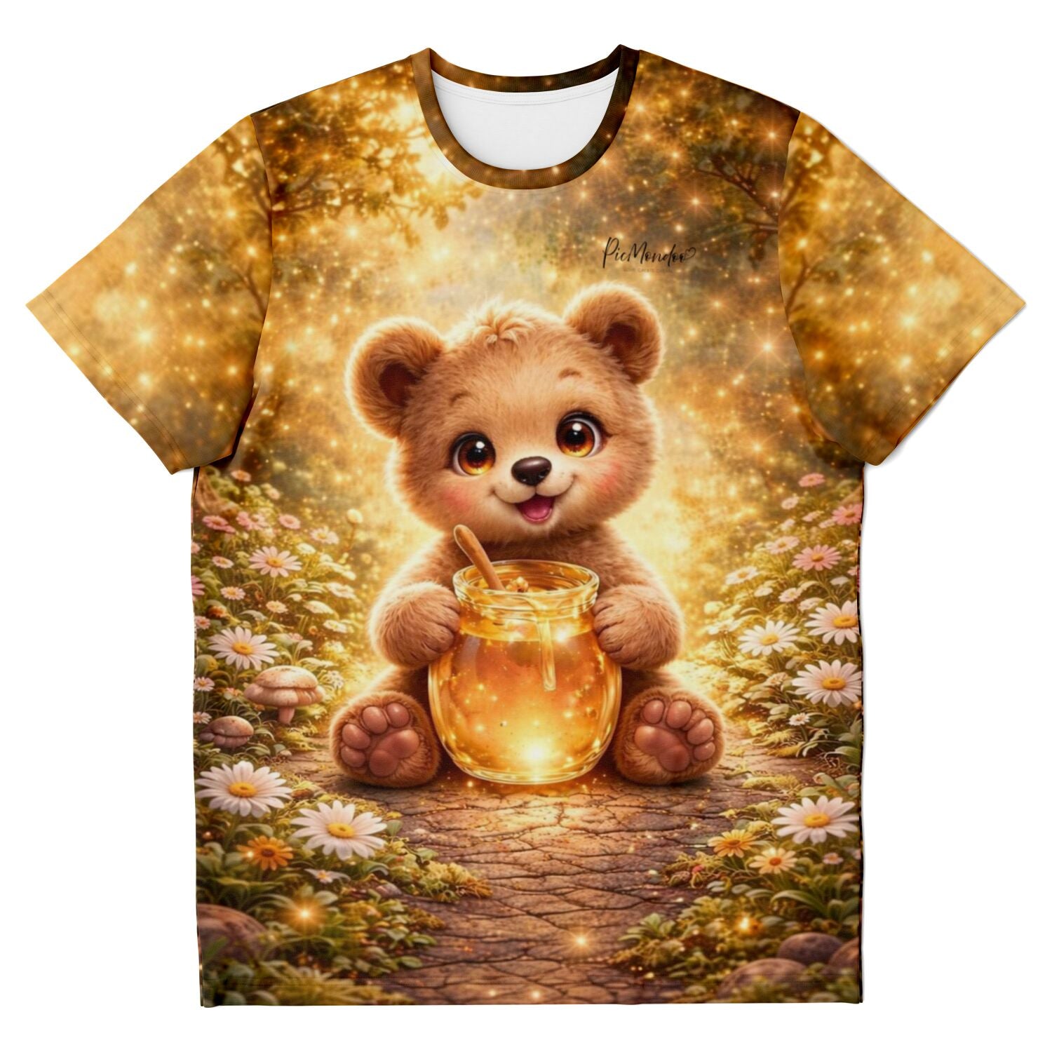 T-Shirt mit süßem Teddybär-Motiv, Honigtopf und Gänseblümchen im märchenhaften Wald-Design für DIY-Fans