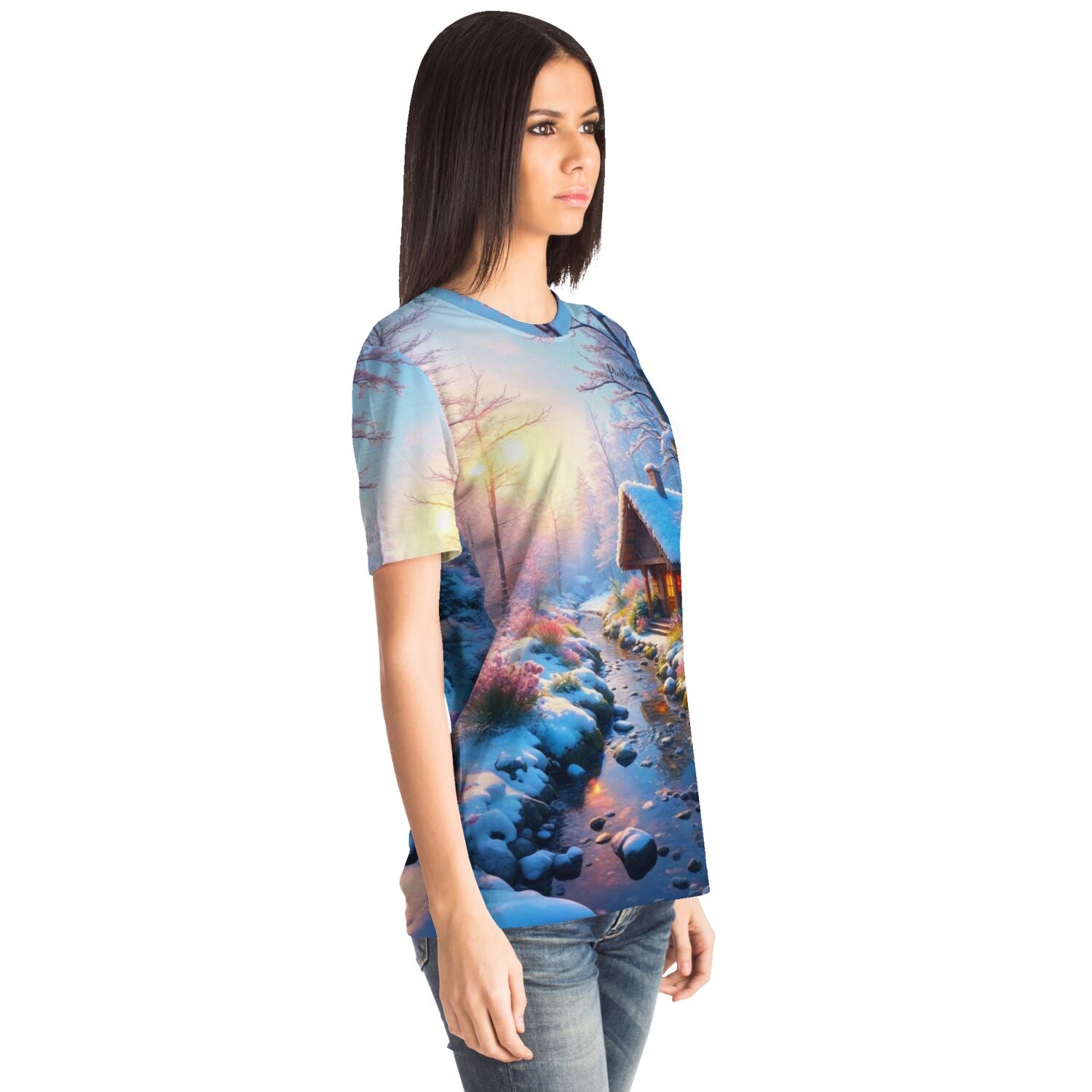 Frau trägt Dreamer T-Shirt mit Wintermorgen-Landschaft im Stil beliebter Diamond Painting und Malen nach Zahlen Motive