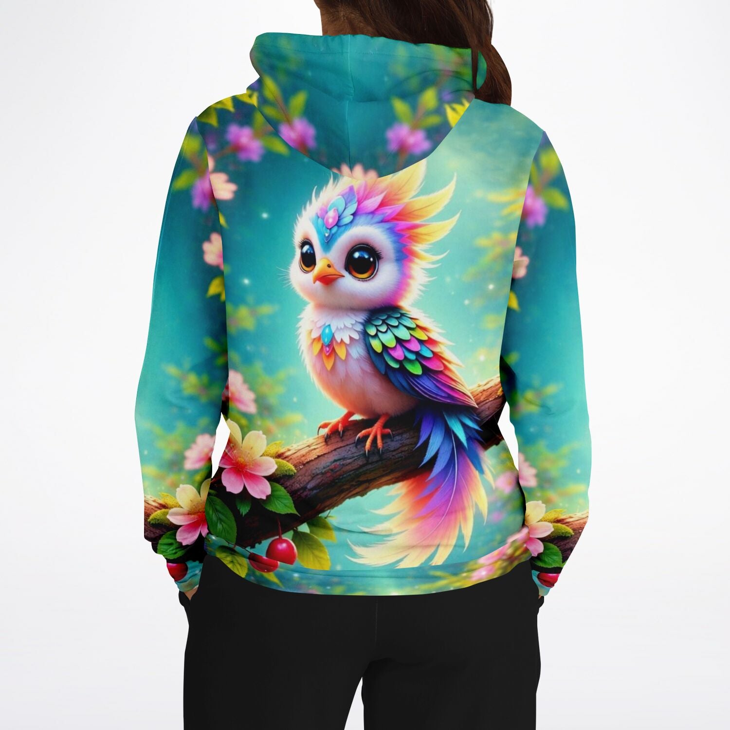 Bunter Dreamer Hoodie mit fantastischem Vogelmotiv im Malen nach Zahlen Stil, getragen in der Rückansicht.