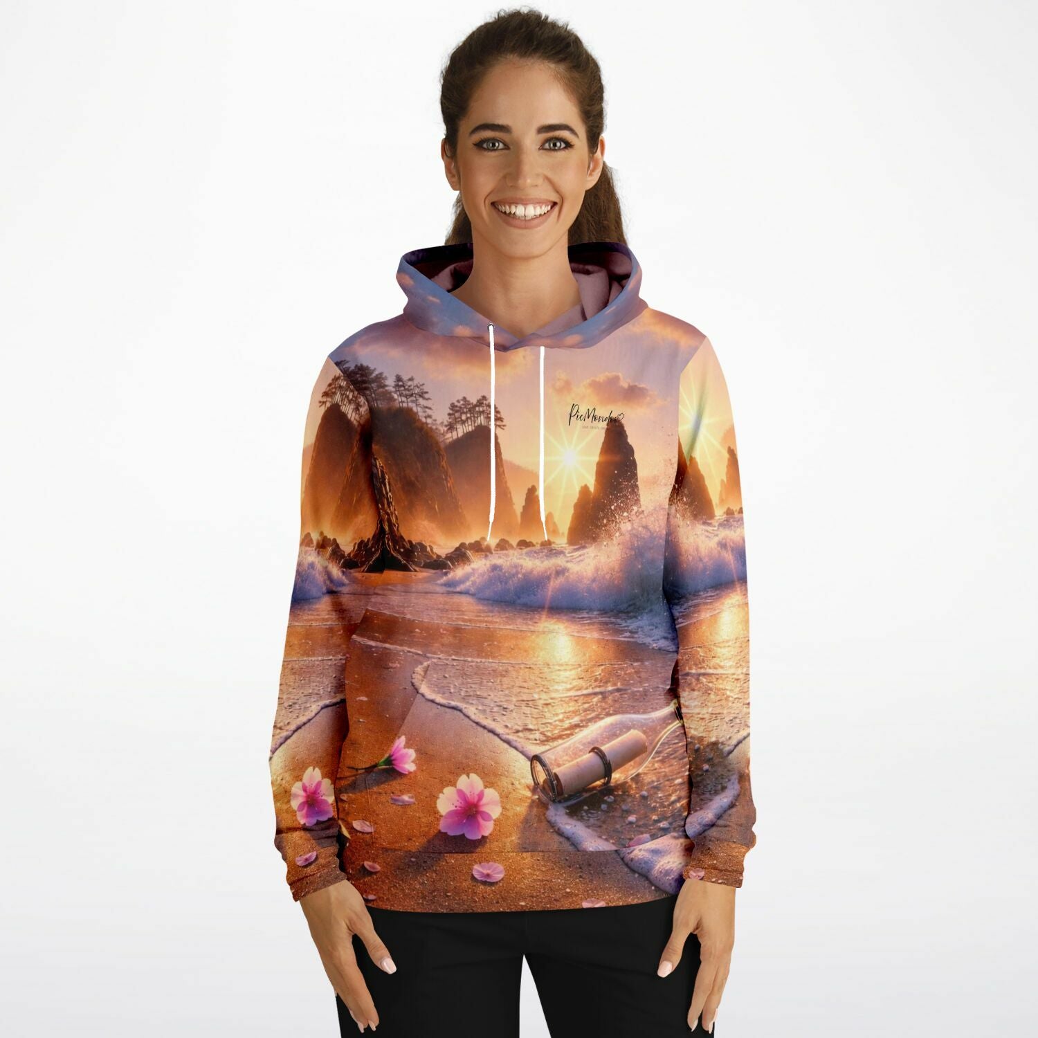 Frau trägt Dreamer Hoodie mit malerischem Meeresmotiv, inspiriert durch Diamond Painting und Malen nach Zahlen Designs