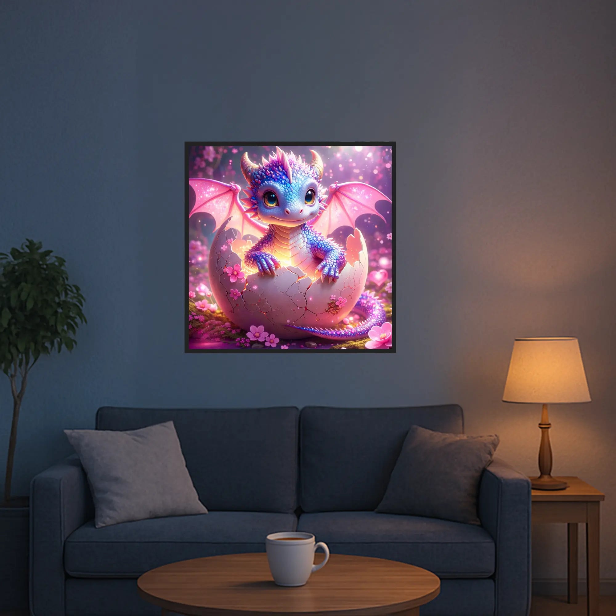 Diamond Painting Set Dragon Sunny: Niedlicher Drache schlüpft aus einem Ei zwischen Kirschblüten in magischer Fantasy-Optik.
