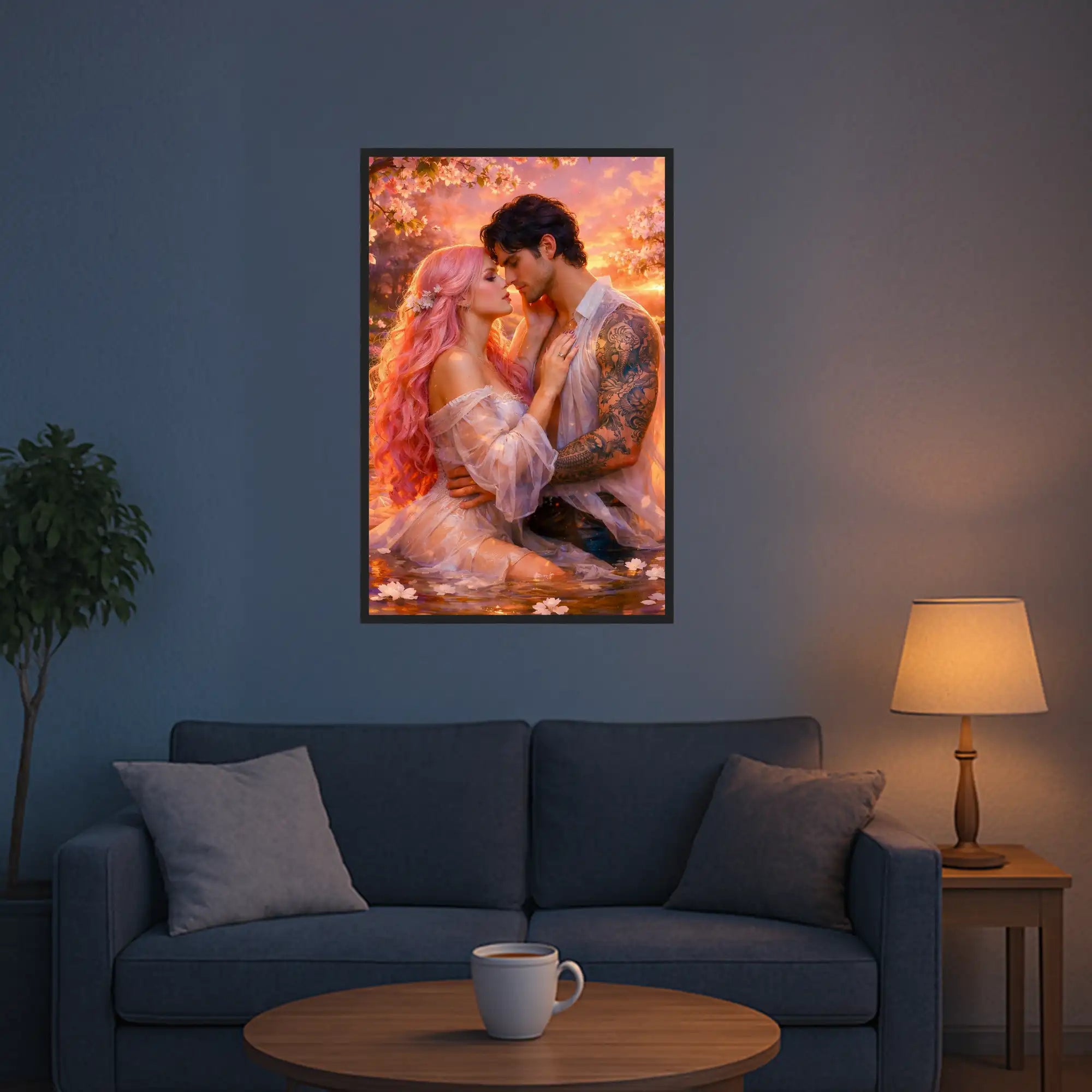 XXL Diamond Painting Set mit romantischem Liebespaar vor Kirschblüten im warmen Sonnenuntergangslicht als Wandbild