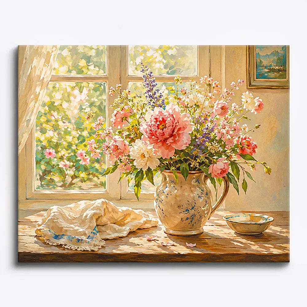 Malen nach Zahlen für Erwachsene: Blumenstrauß mit Pfingstrosen in einer Vase am sonnigen Fenster