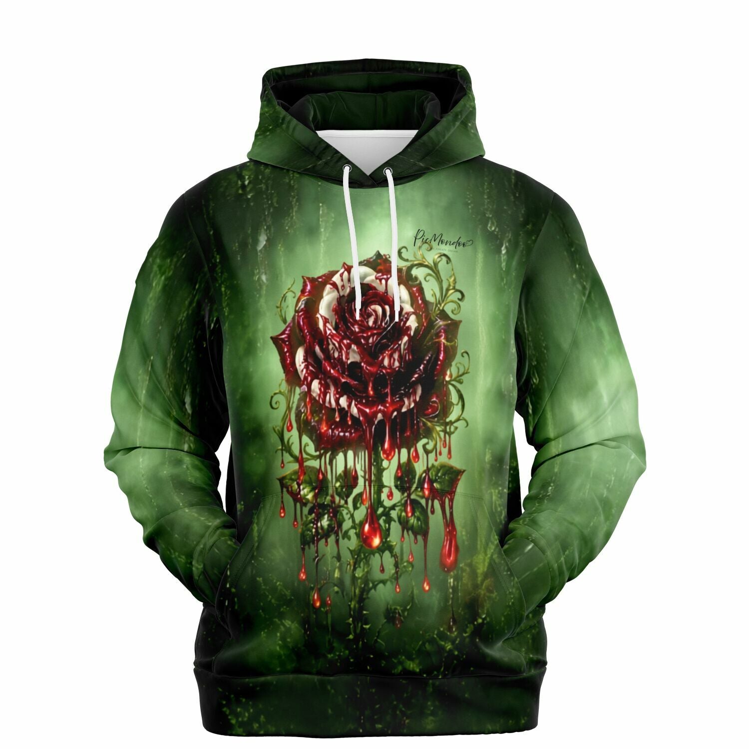 Dreamer Hoodie mit düsterem Rosen-Motiv in Dunkelgrün und Rot – hochwertiger All-Over-Print für Picmondoo Fans
