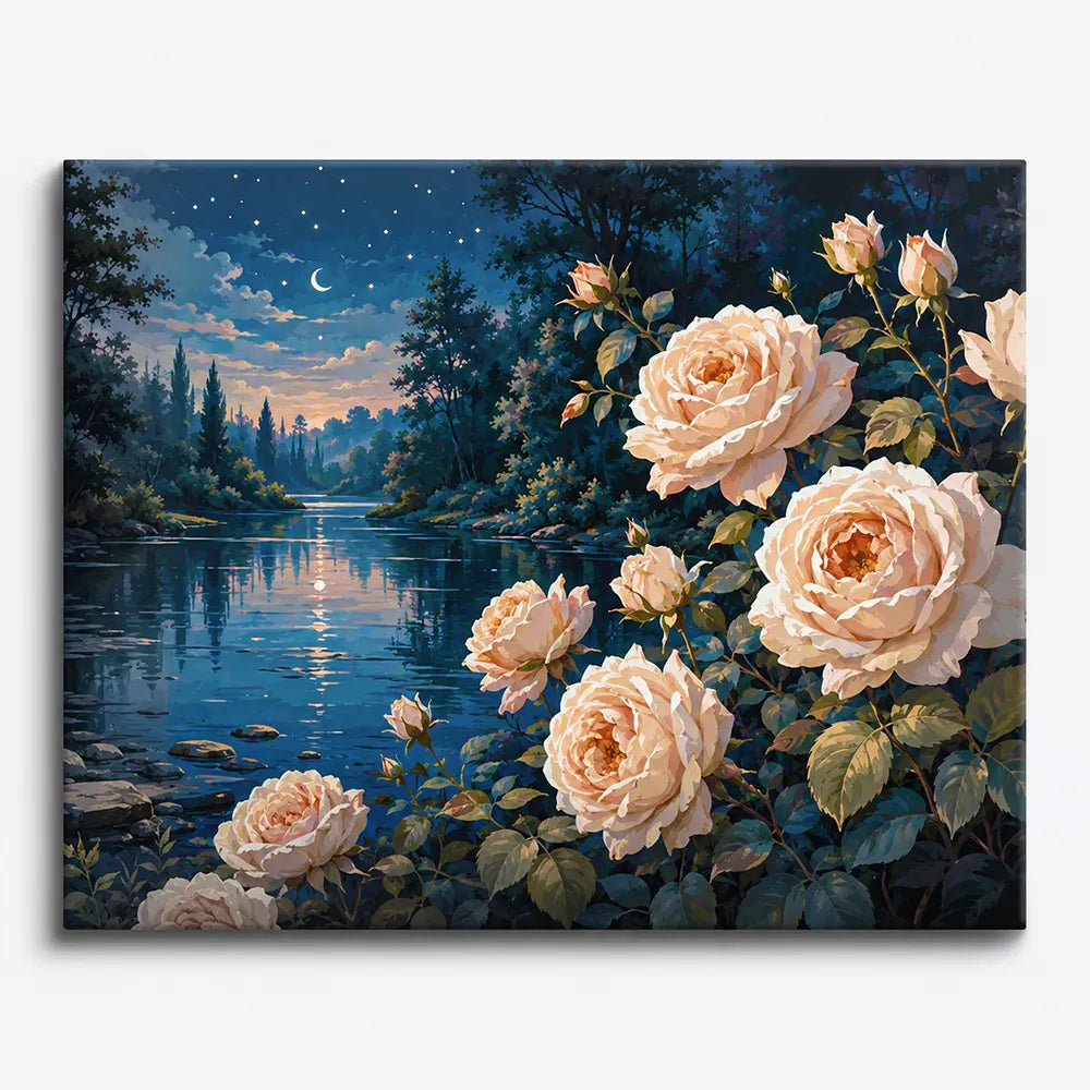 Malen nach Zahlen für Erwachsene Motiv Rosen im Mondlicht an einem nächtlichen Fluss mit Sternenhimmel