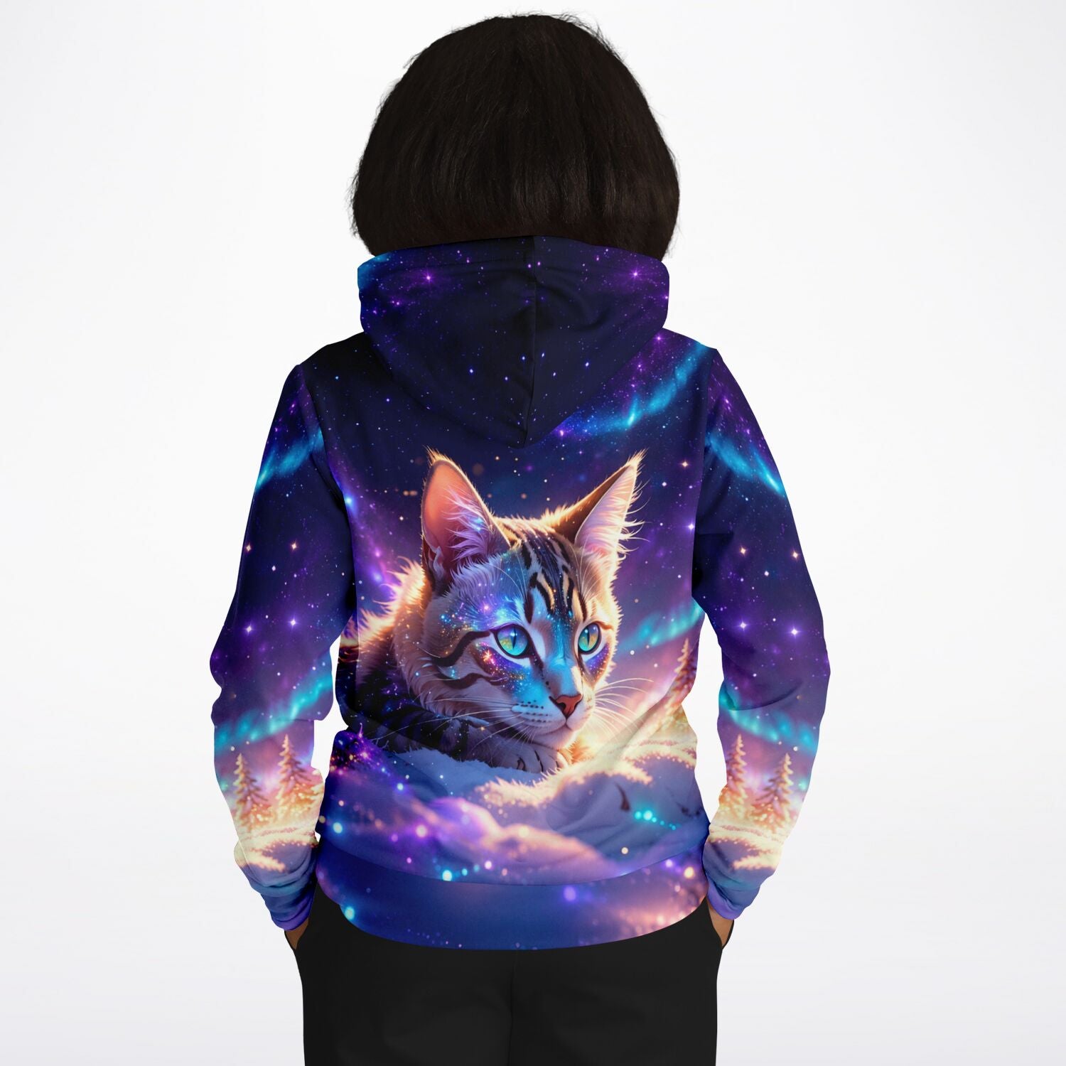 Dreamer Hoodie mit galaktischem Samtpfote Motiv und Polarlicht, inspiriert von Diamond Painting Kunstwerken