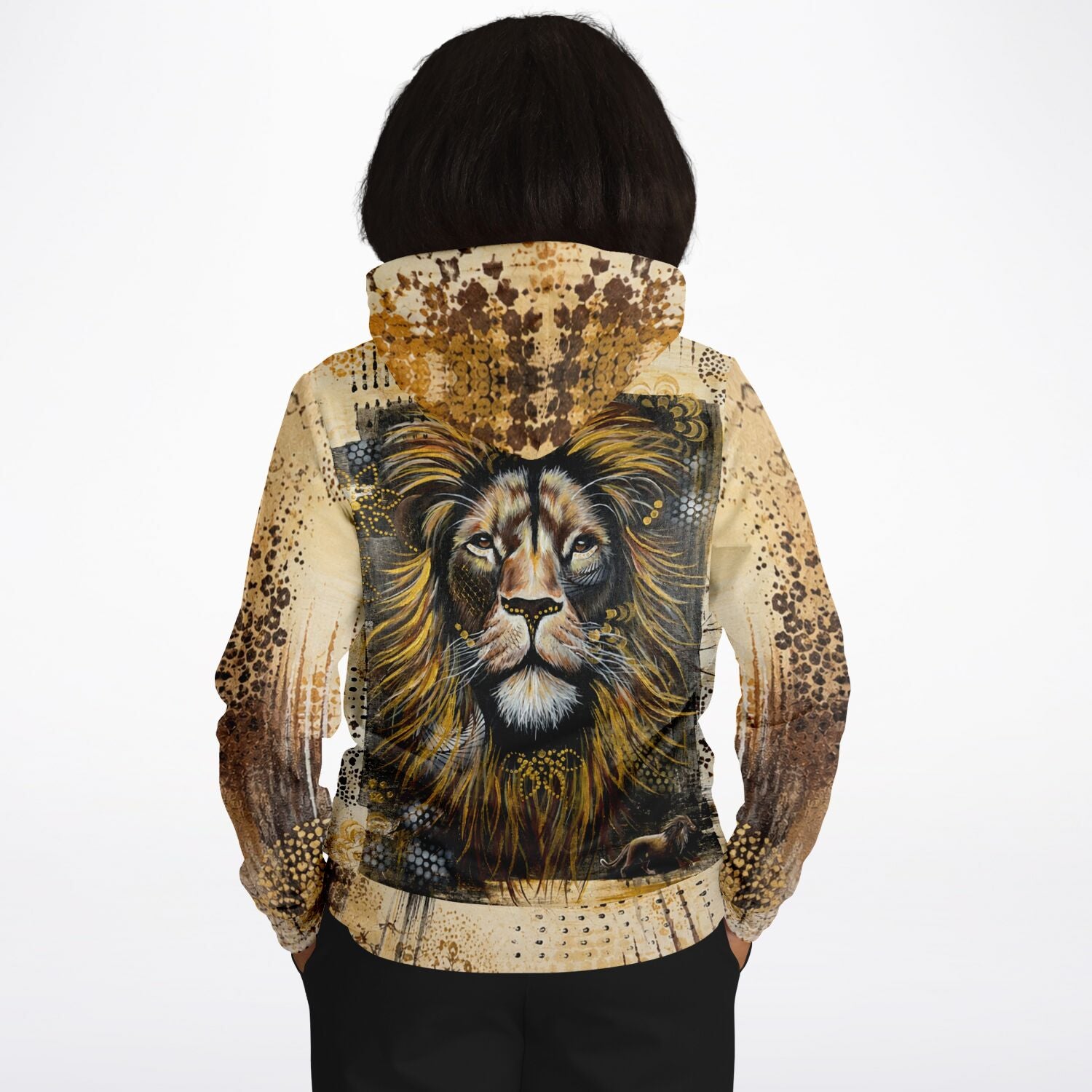 Dreamer Hoodie Erbe des Feuers mit Löwenkopf-Print in Gold- und Brauntönen im Stil eines Diamond Painting Motivs