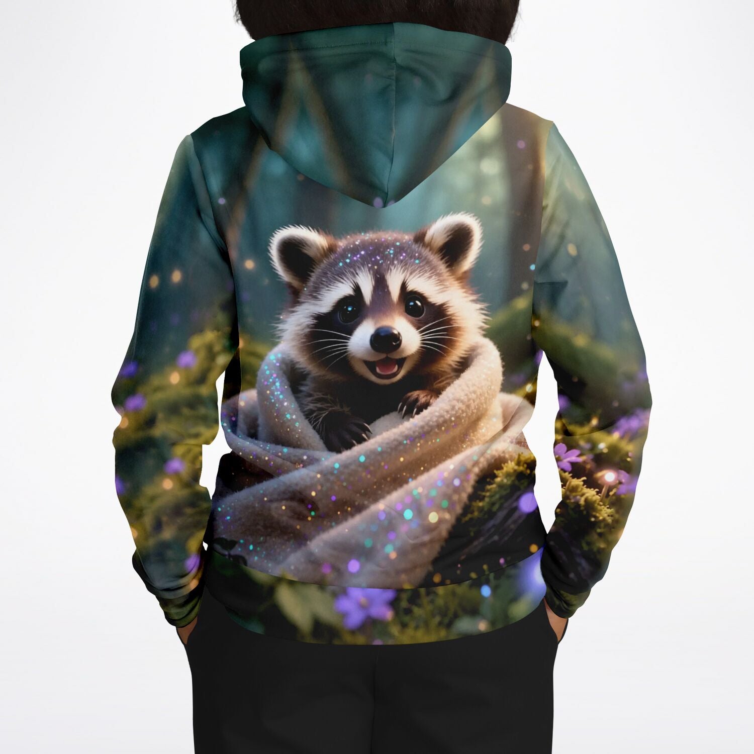 Dreamer Hoodie mit niedlichem Waschbär Motiv, hochwertiger Allover-Print im Stil von Diamond Painting Kunstwerken