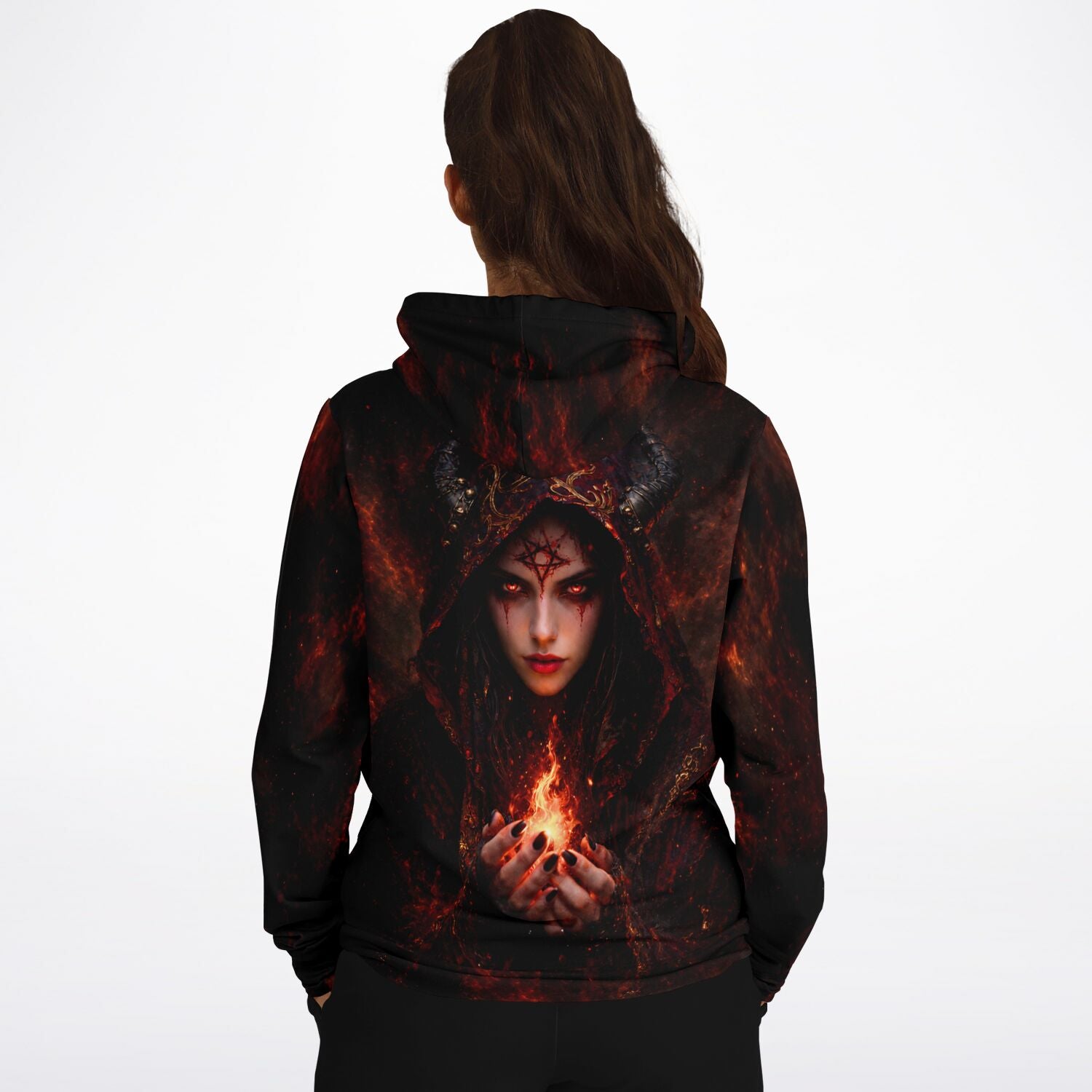 Schwarzer All-Over-Print Hoodie Lilith Design mit feurigen Flammen und mystischem Motiv für Fans von Diamond Painting